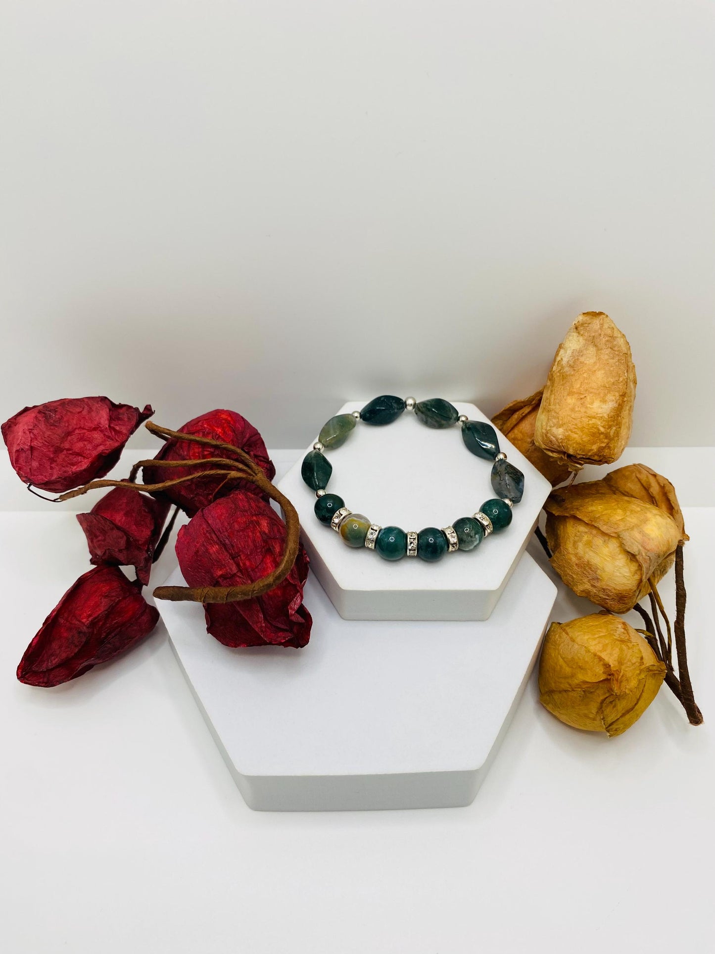 Moss Agate Beaded Bracelet: Gemstone Jewelry with Rhinestone Accents