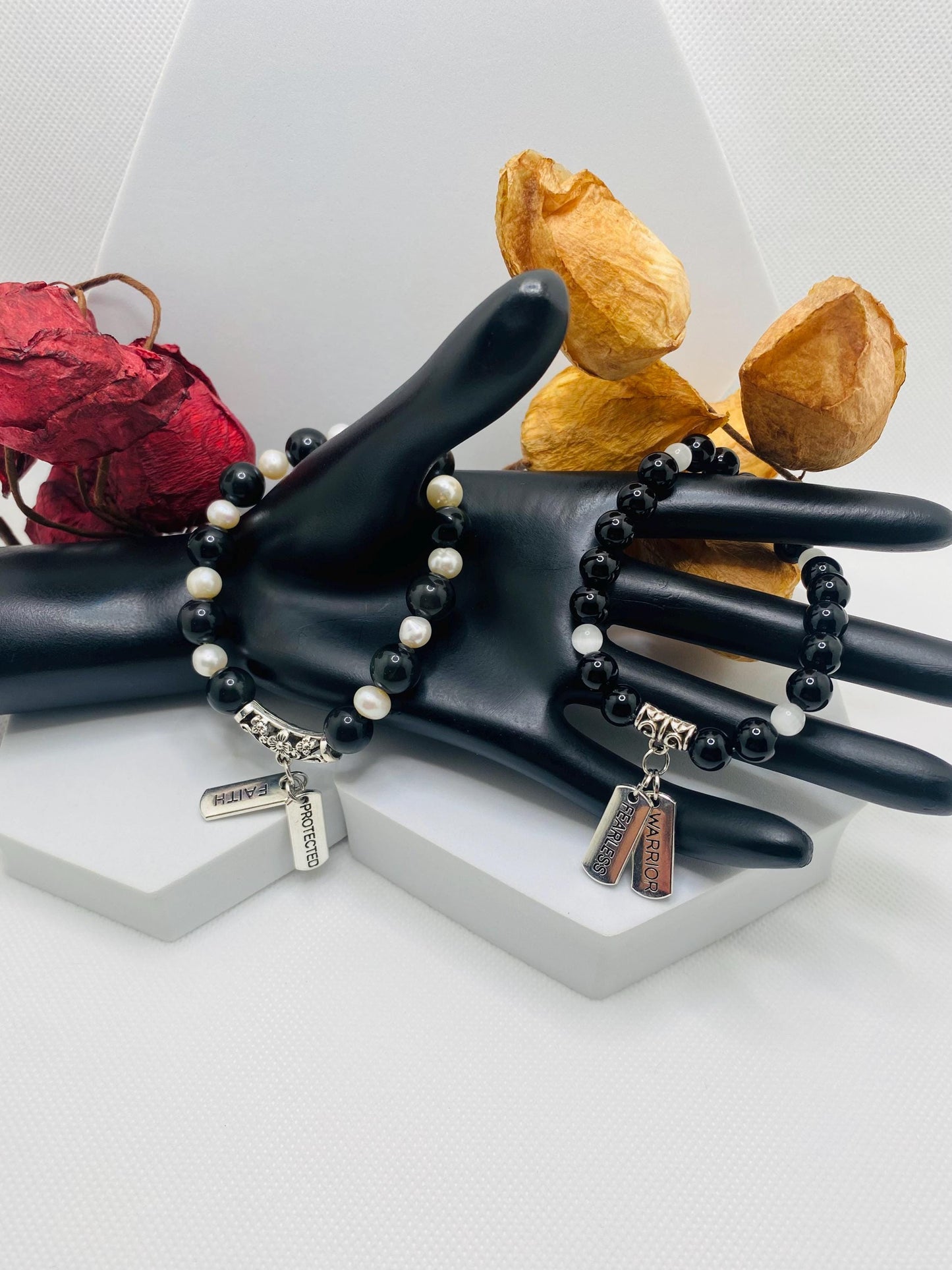 Obsidian & Pearl Charm Bracelet: Stainless Steel Inspirational Quotes