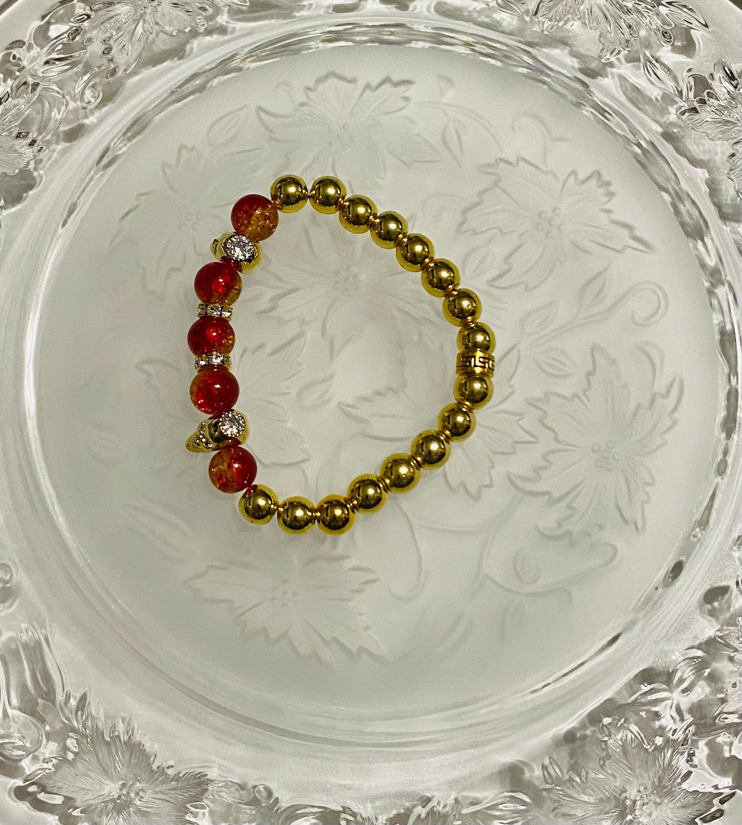 Men's Gold Hematite Bracelet: Red Crystal, CZ Skull Beads