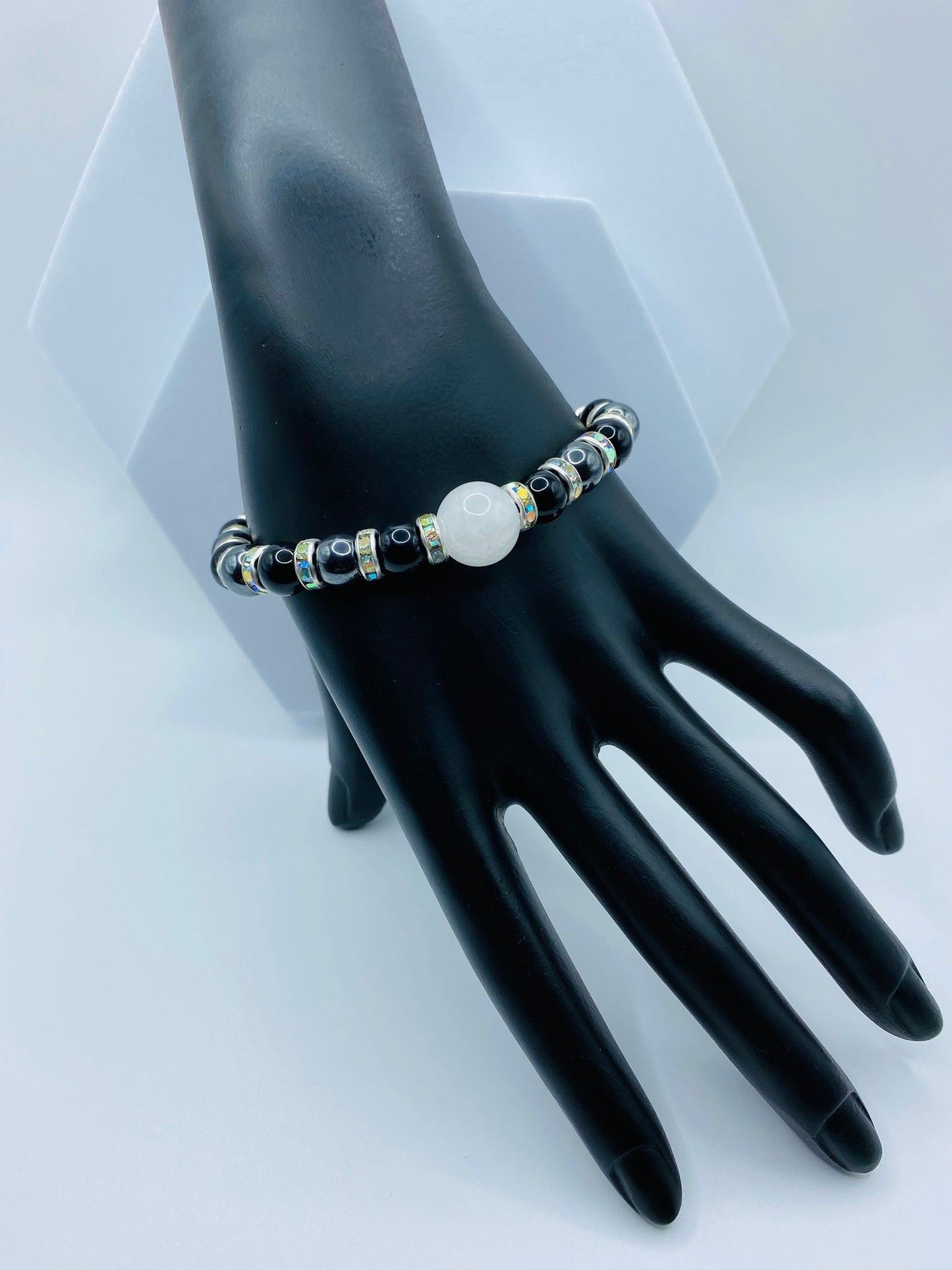 Handmade Black Onyx & Chalcedony Bracelet with Rhinestone Spacers
