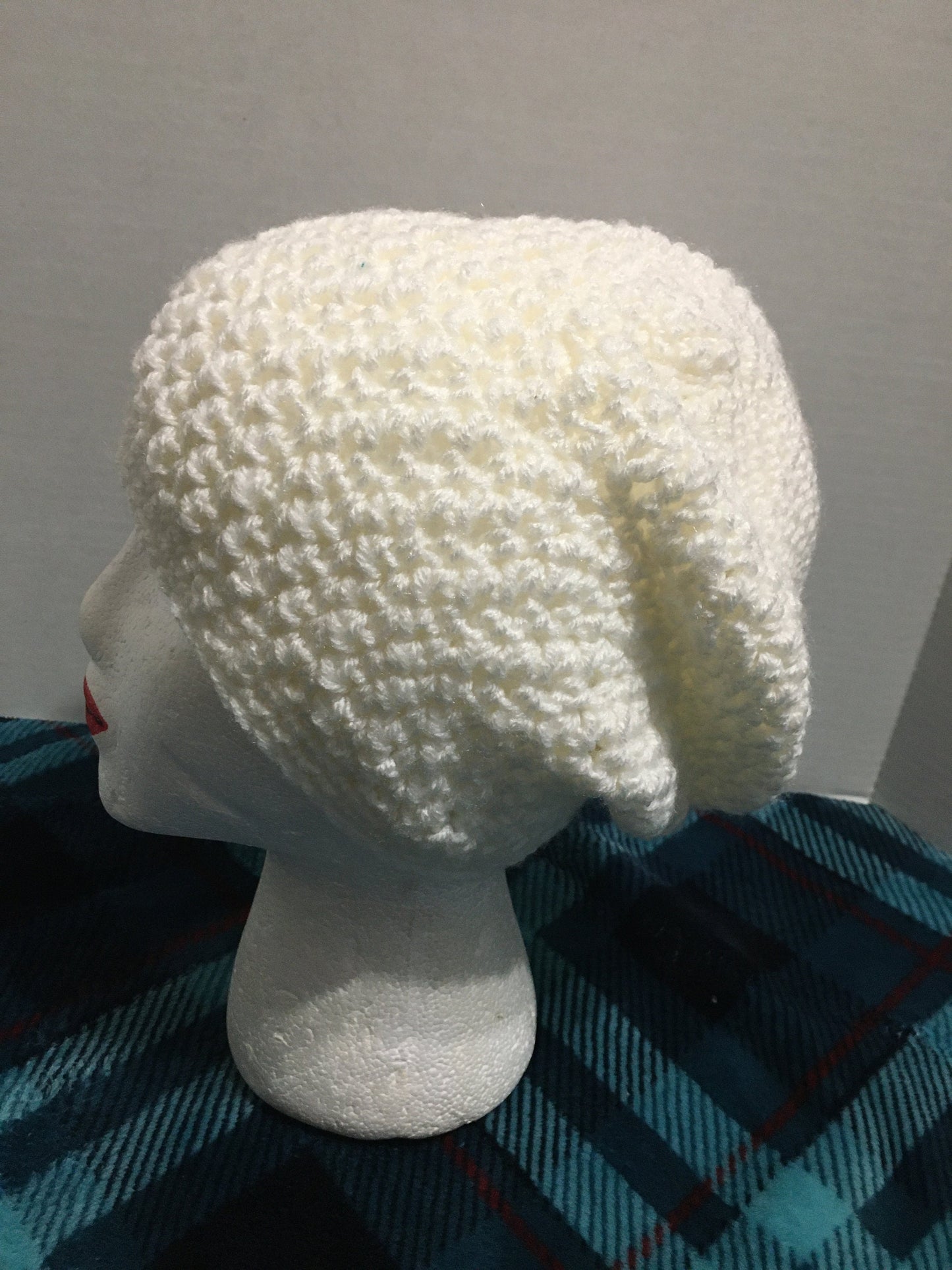 Handmade Crochet Slouchy Beanie: White Acrylic Hat with Flower