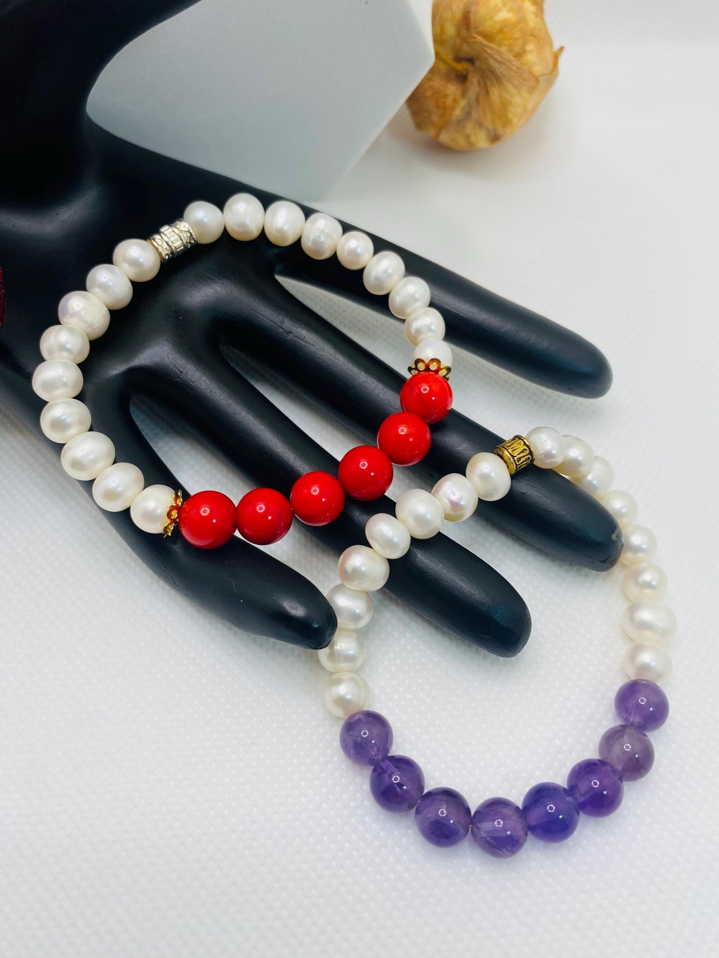 Amethyst, Coral & Pearl Bracelet Set: Handmade Gemstone Jewelry