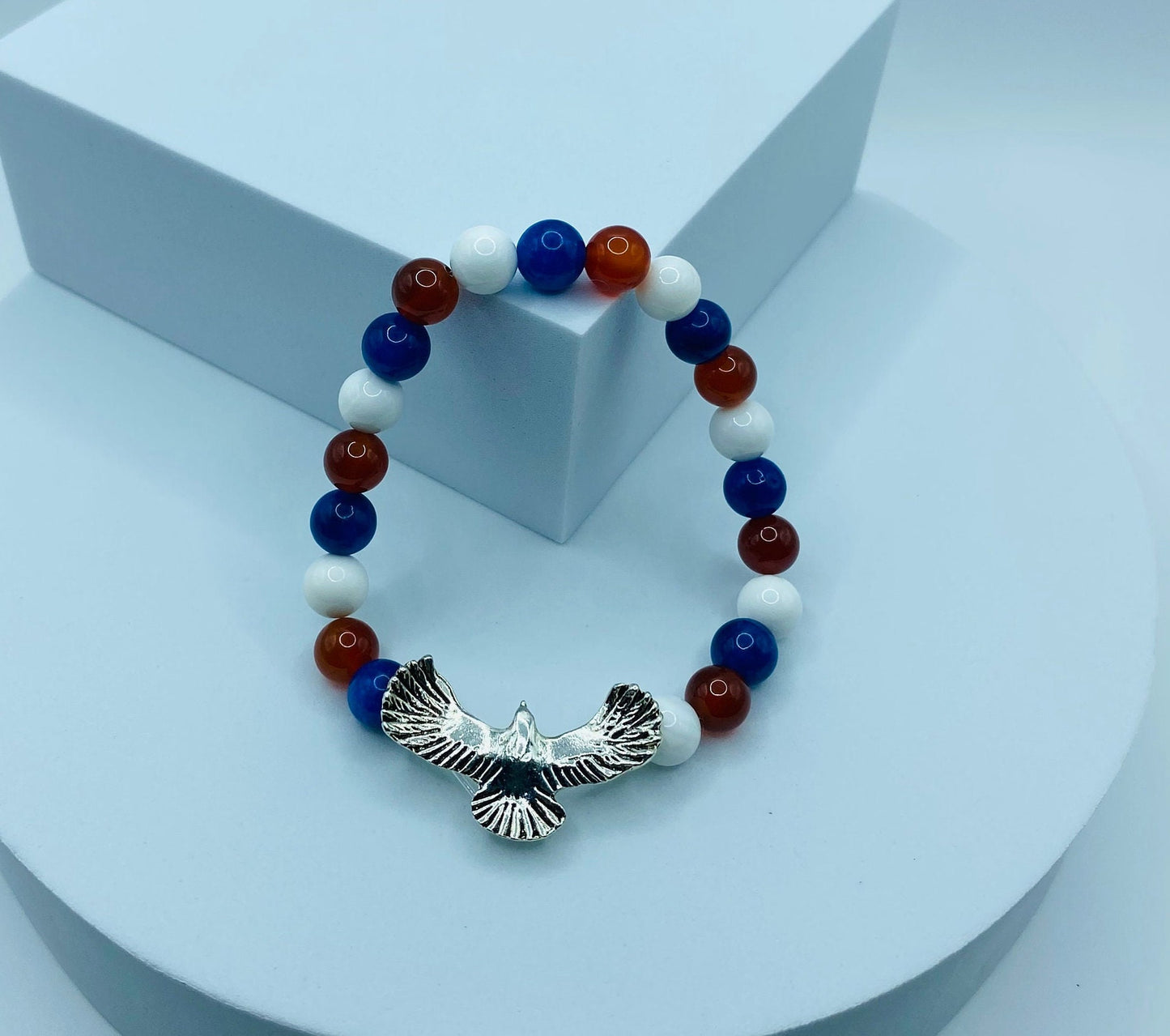 Eagle Charm Bracelet: Red, White & Blue Gemstone Beaded Patriotic Jewelry