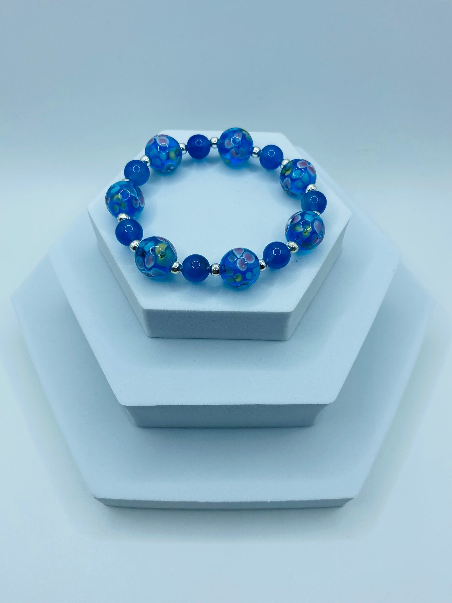 Blue Lace Agate Bracelet: Lampwork Floral Glass Beads, Silver Accents