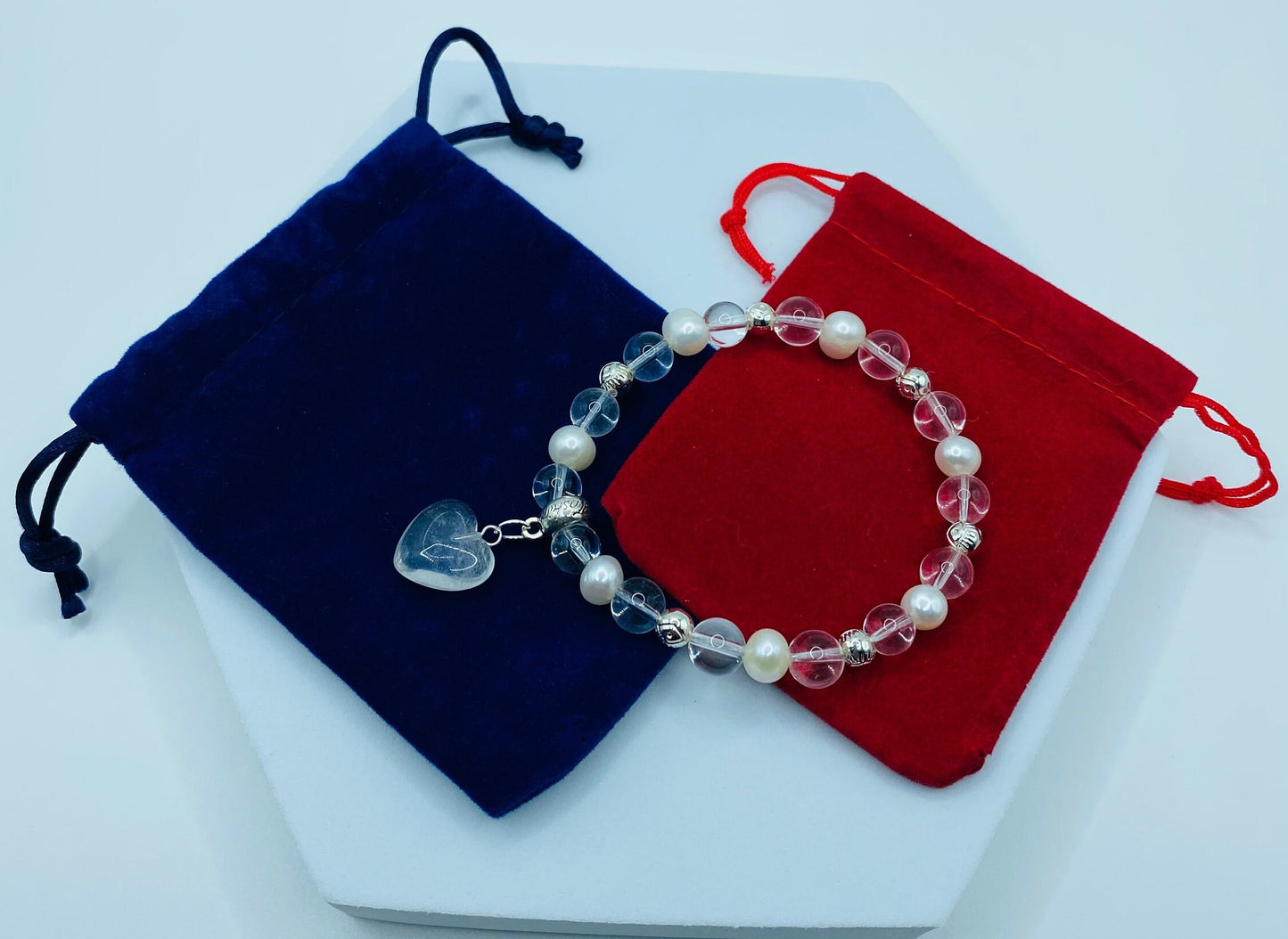 Clear Quartz Crystal Bracelet: Baroque Pearls & Heart Charm