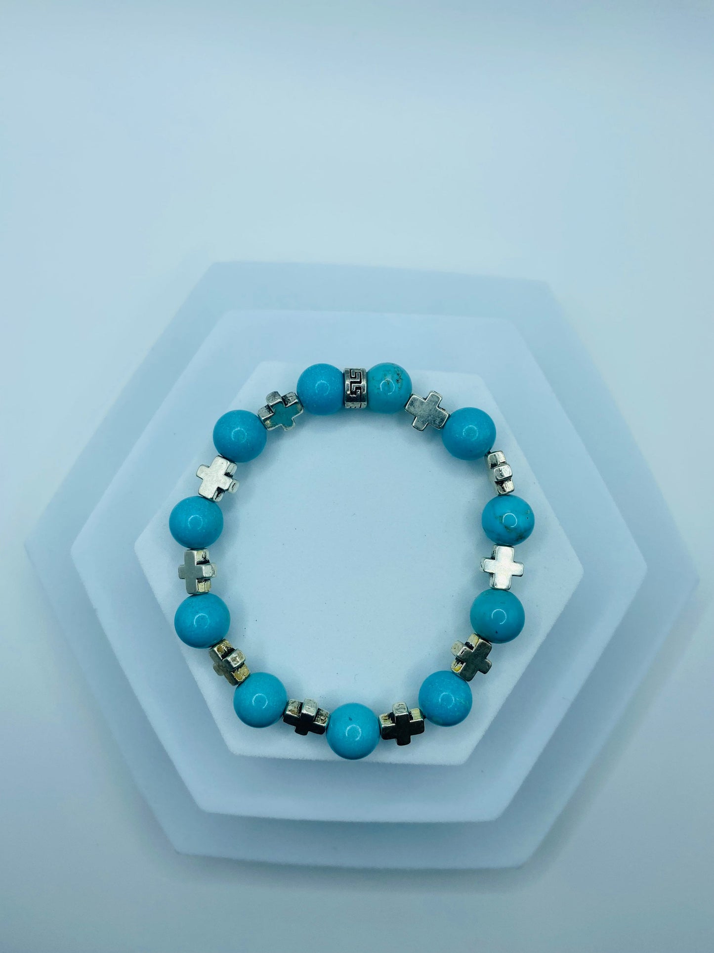 Turquoise Cross Bracelet: Religious Silver Charm Jewelry