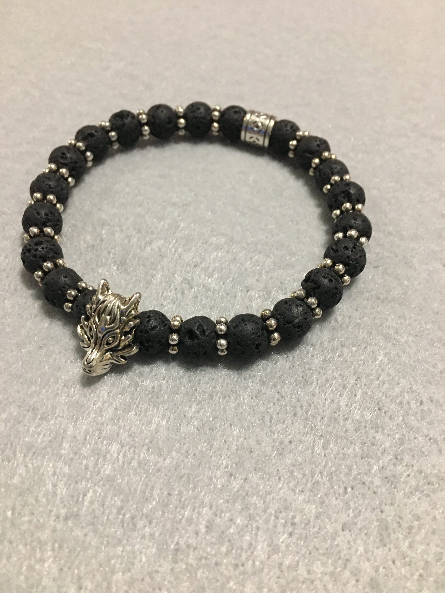 Silver Wolf Lava Rock Bracelet: Goth Men's Jewelry