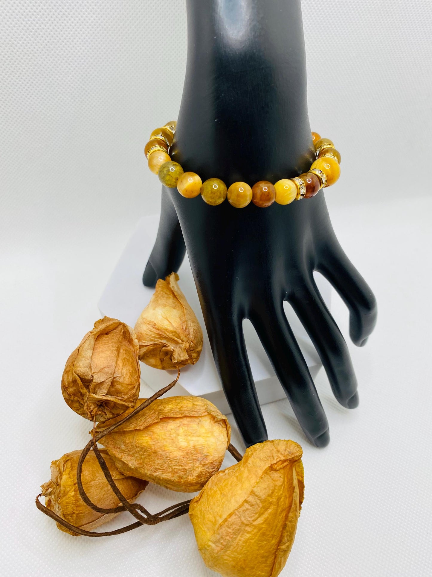 Tigers Eye & Agate Beaded Bracelet: Gold Rhinestone Spacers