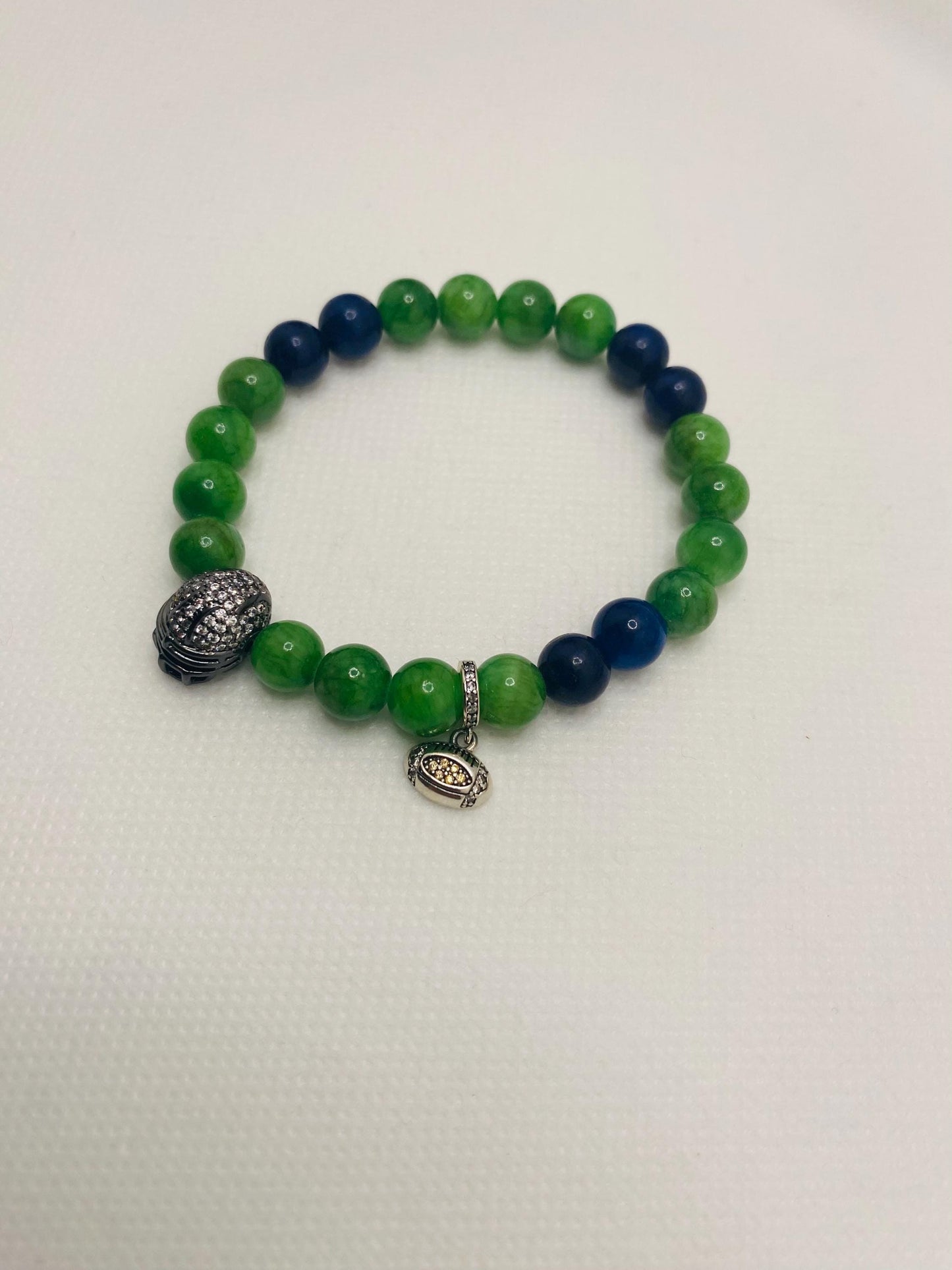 Seattle Seahawks Beaded Bracelet: Chalcedony, Lapis Lazuli, Football Charms