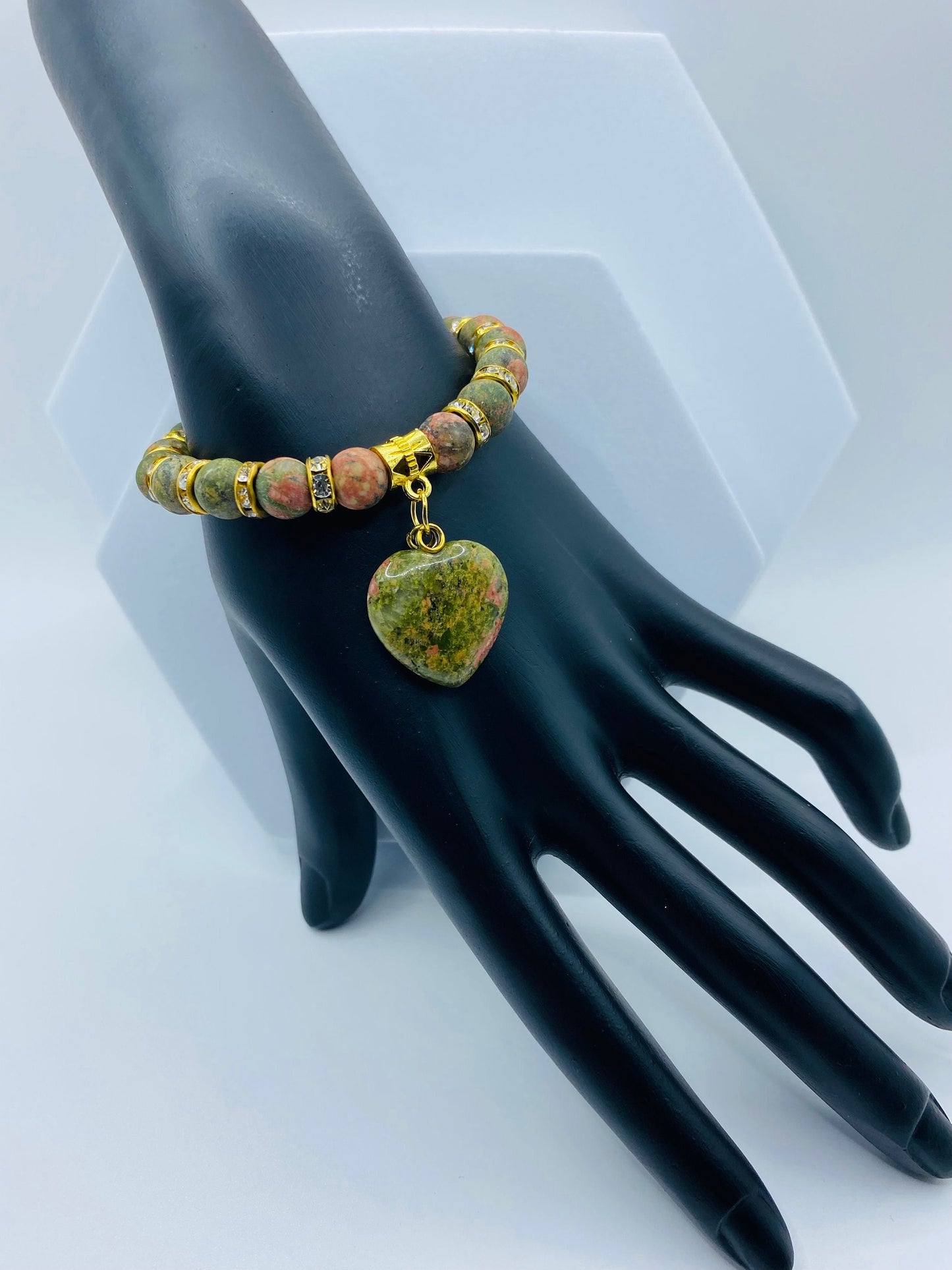 Unakite Heart Charm Bracelet: Gemstone Beads, 18k Gold Accents
