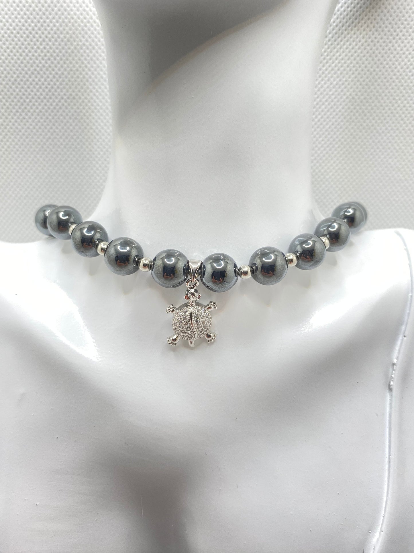 Hematite Gemstone Necklace: Silver Turtle Charm, Handmade Beaded Jewelry