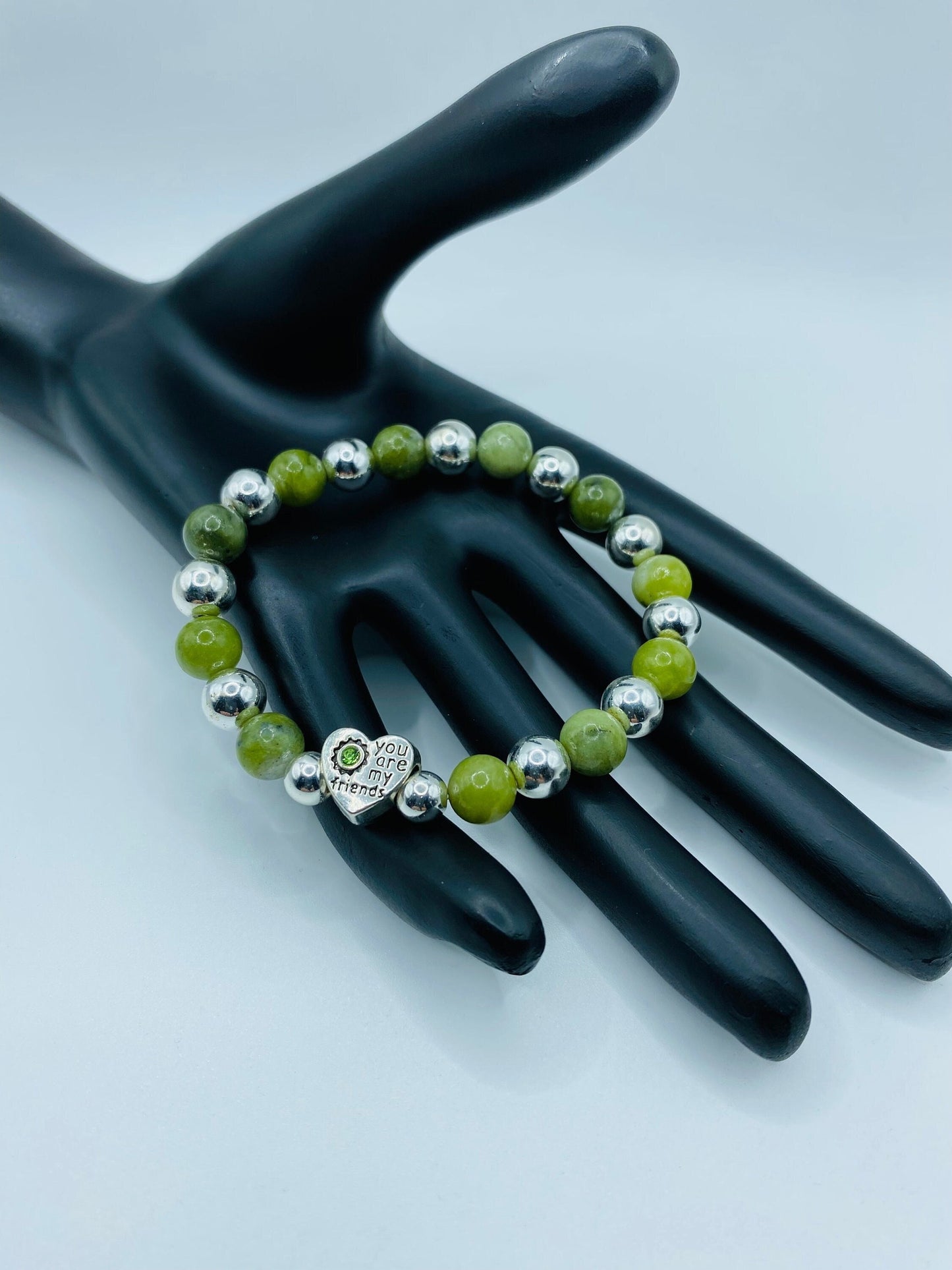 Friendship Bracelet with Green Jade & Hematite Gemstone Beads, Heart Jewelry Gifts for Friends