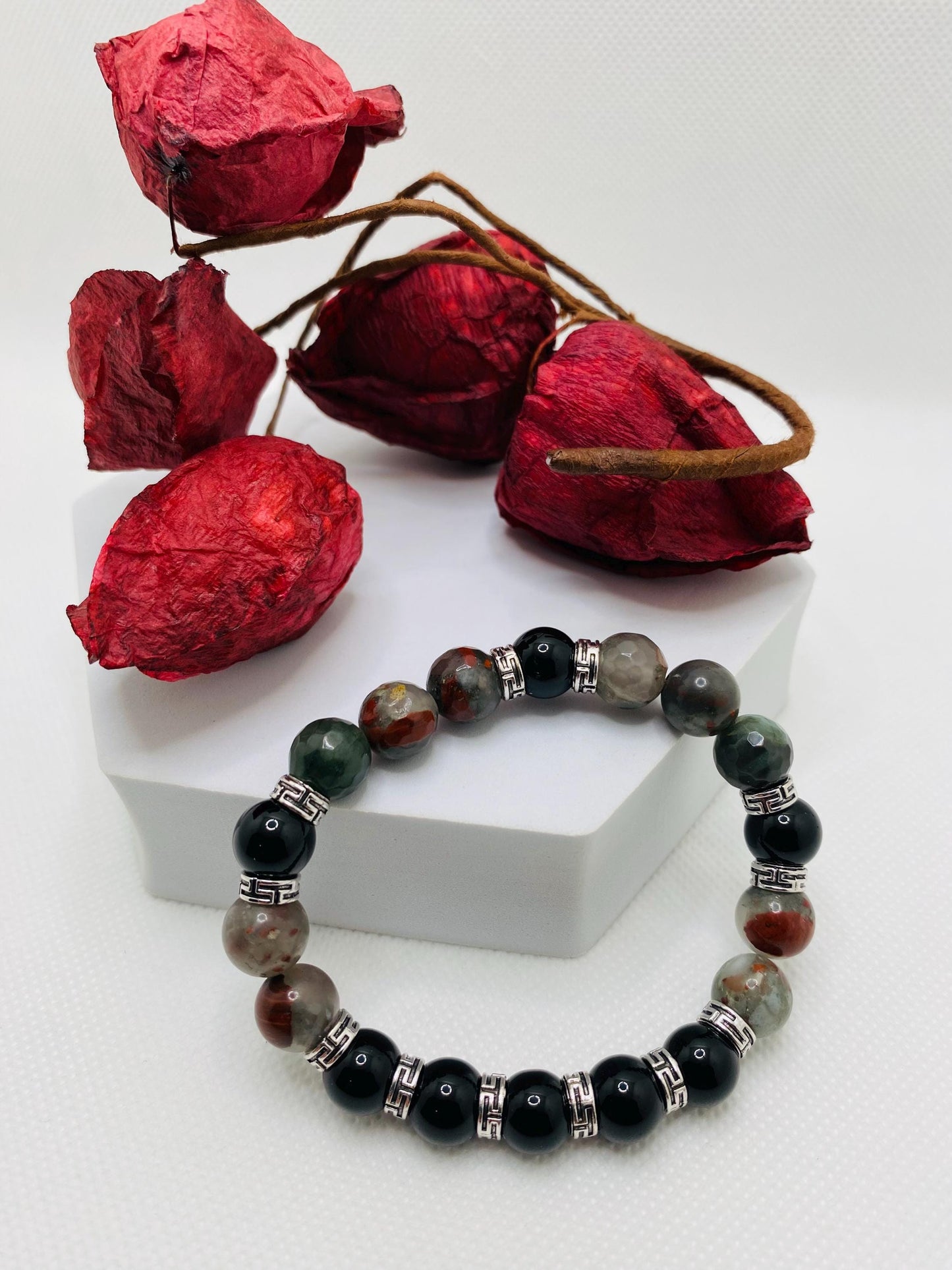 Black Onyx & Jasper Bracelet: Tibetan Style Men's Jewelry