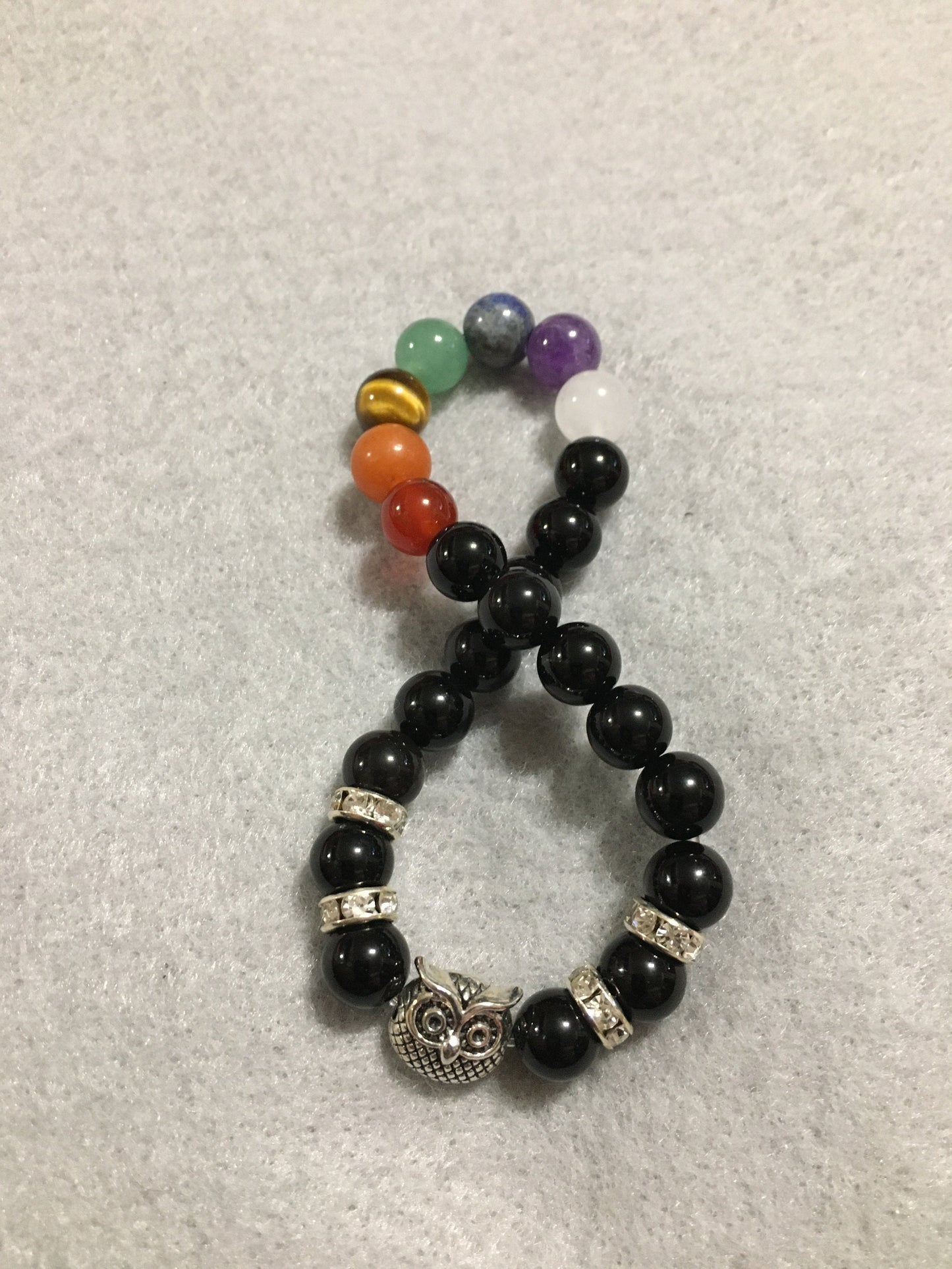 Chakra Stone Bracelet: Black Onyx Beads with Rhinestone Owl Charm