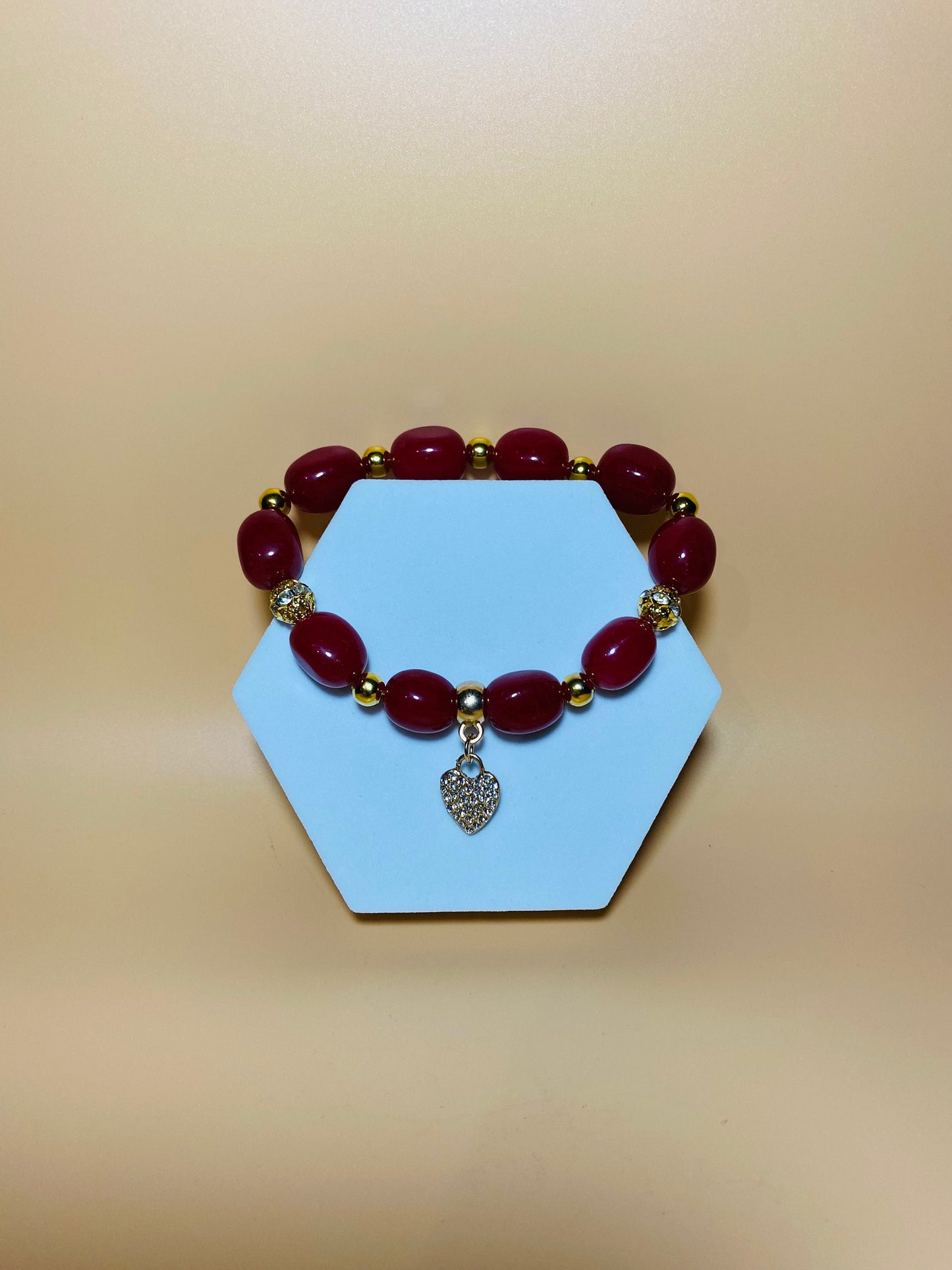Red Jade Beaded Bracelet: Rhinestone Heart Pendant, Gold Accents