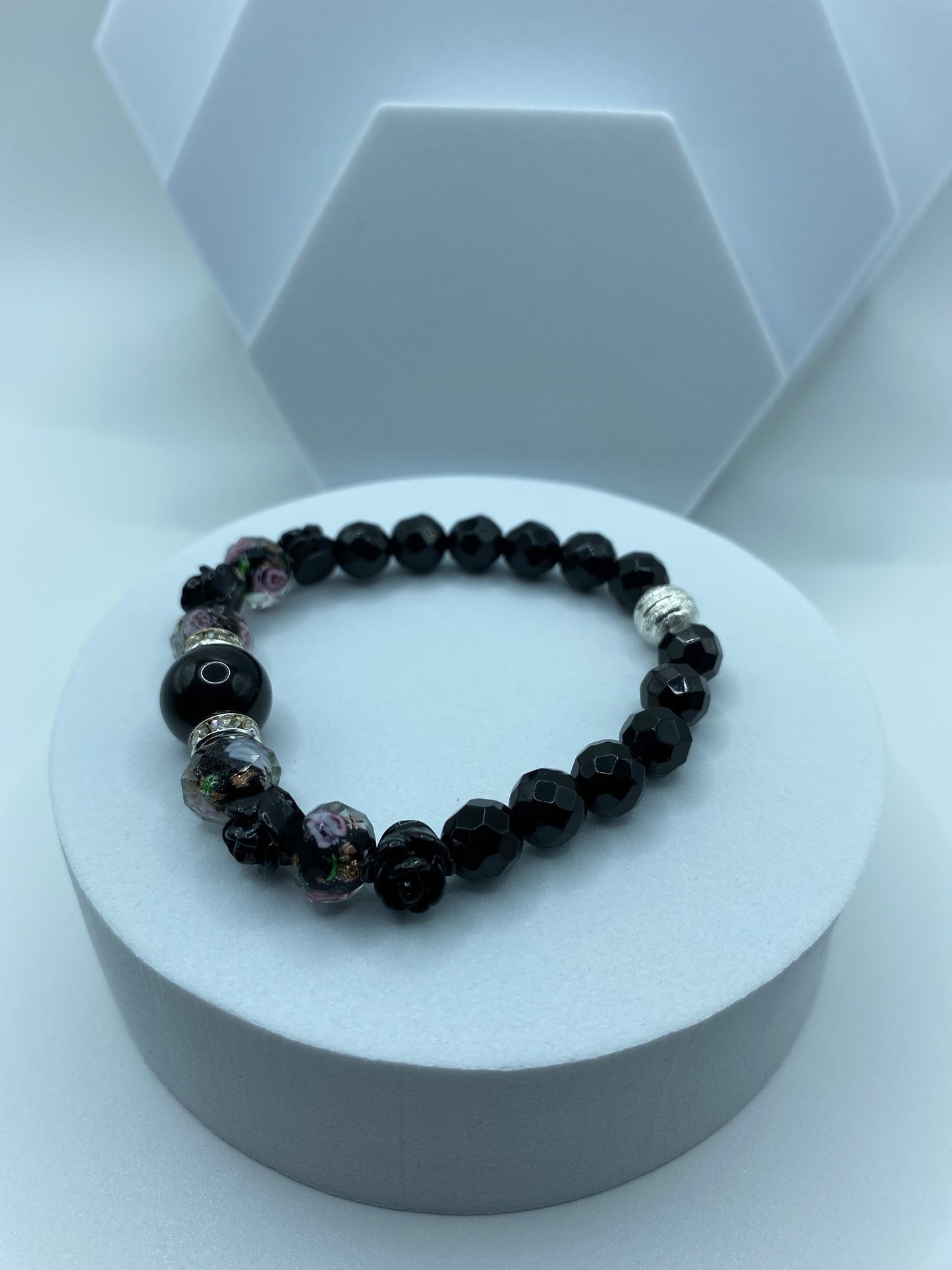 Black Onyx Bracelet: Lampwork Floral Glass Beads & Roses