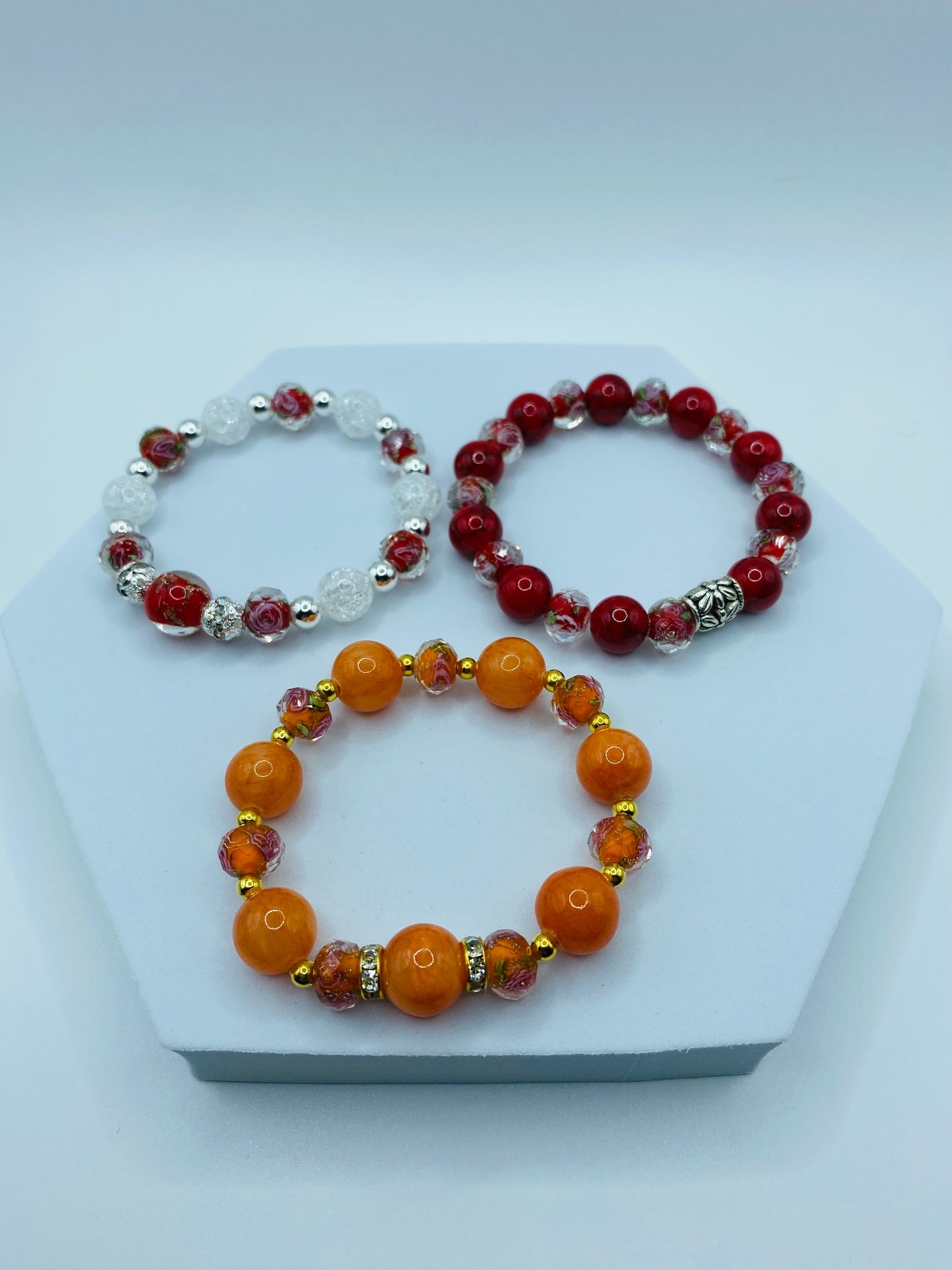 Jade Bracelet Handmade Jewelry for women, orange floral lampwork Glass Beads - Flower Bead Bracelet