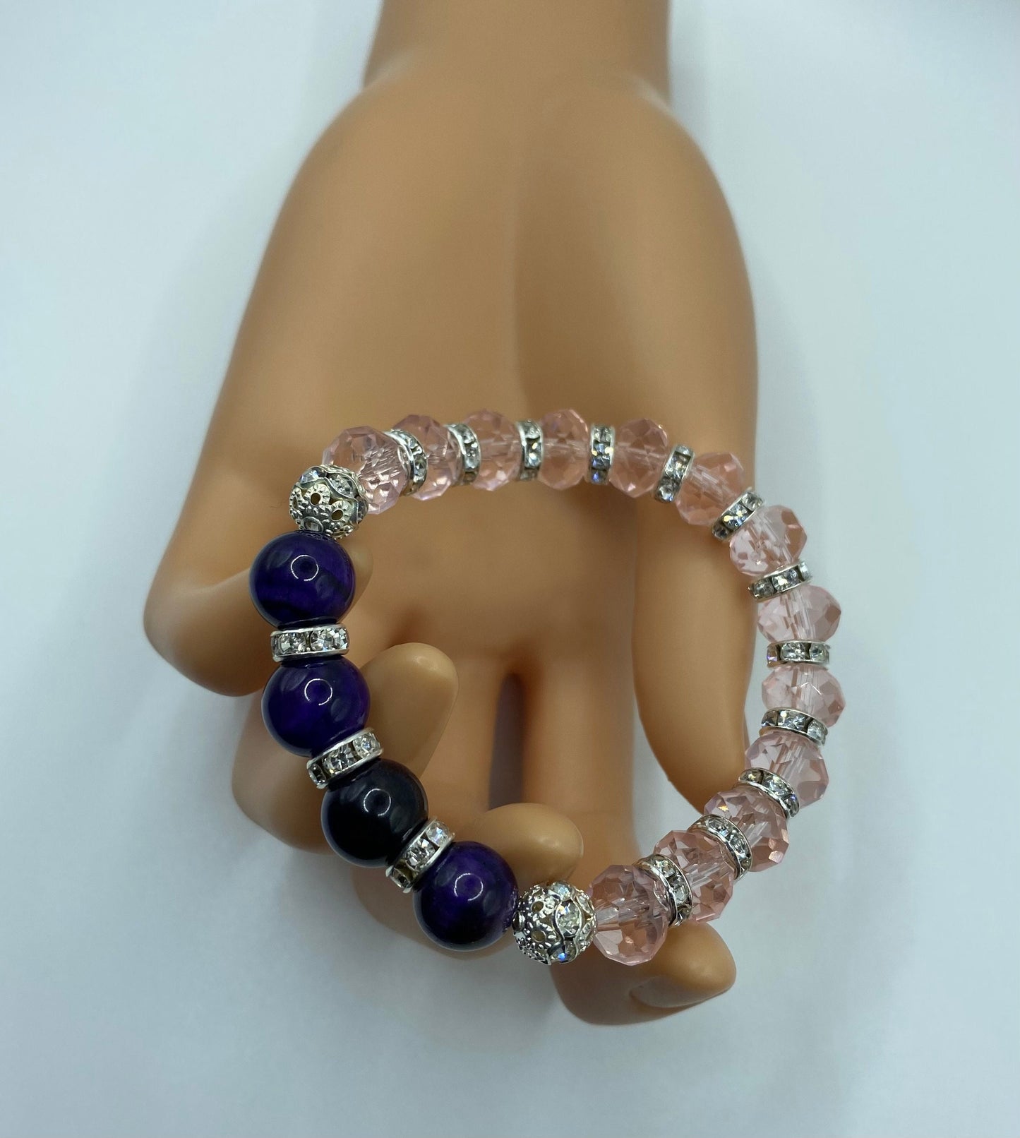 Handmade Purple Tiger's Eye Bracelet: Pink Crystal & Rhinestone Beads