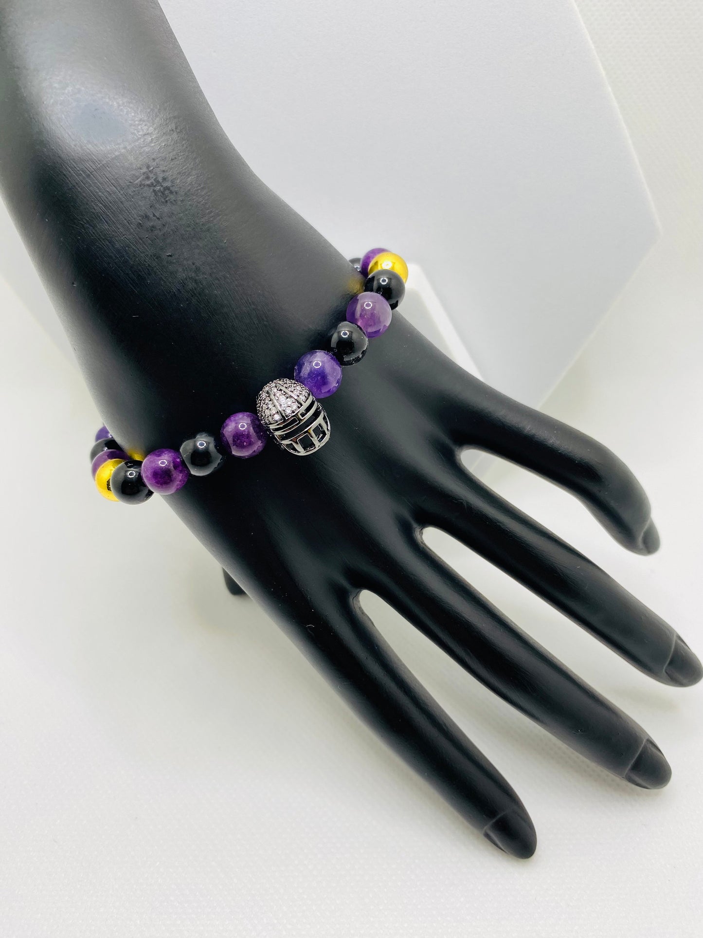 Mens Bracelet Baltimore Ravens Custom Jewelry with Football Helmet & Gemstone Beads, Gifts for him