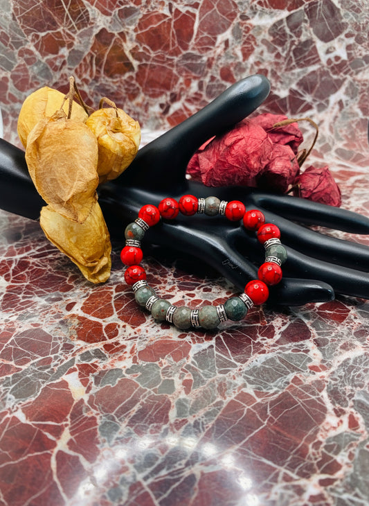 Men's Beaded Bracelet: Turquoise, African Jasper & Tibetan Spacers