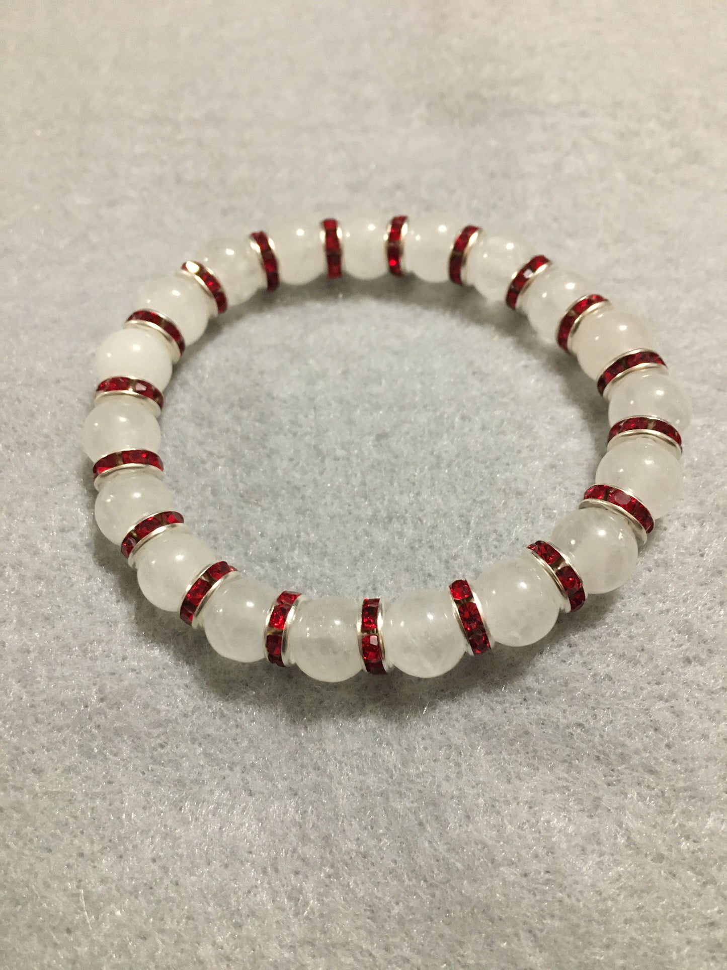 White Jade Bracelet with Red Rhinestone Rondelles