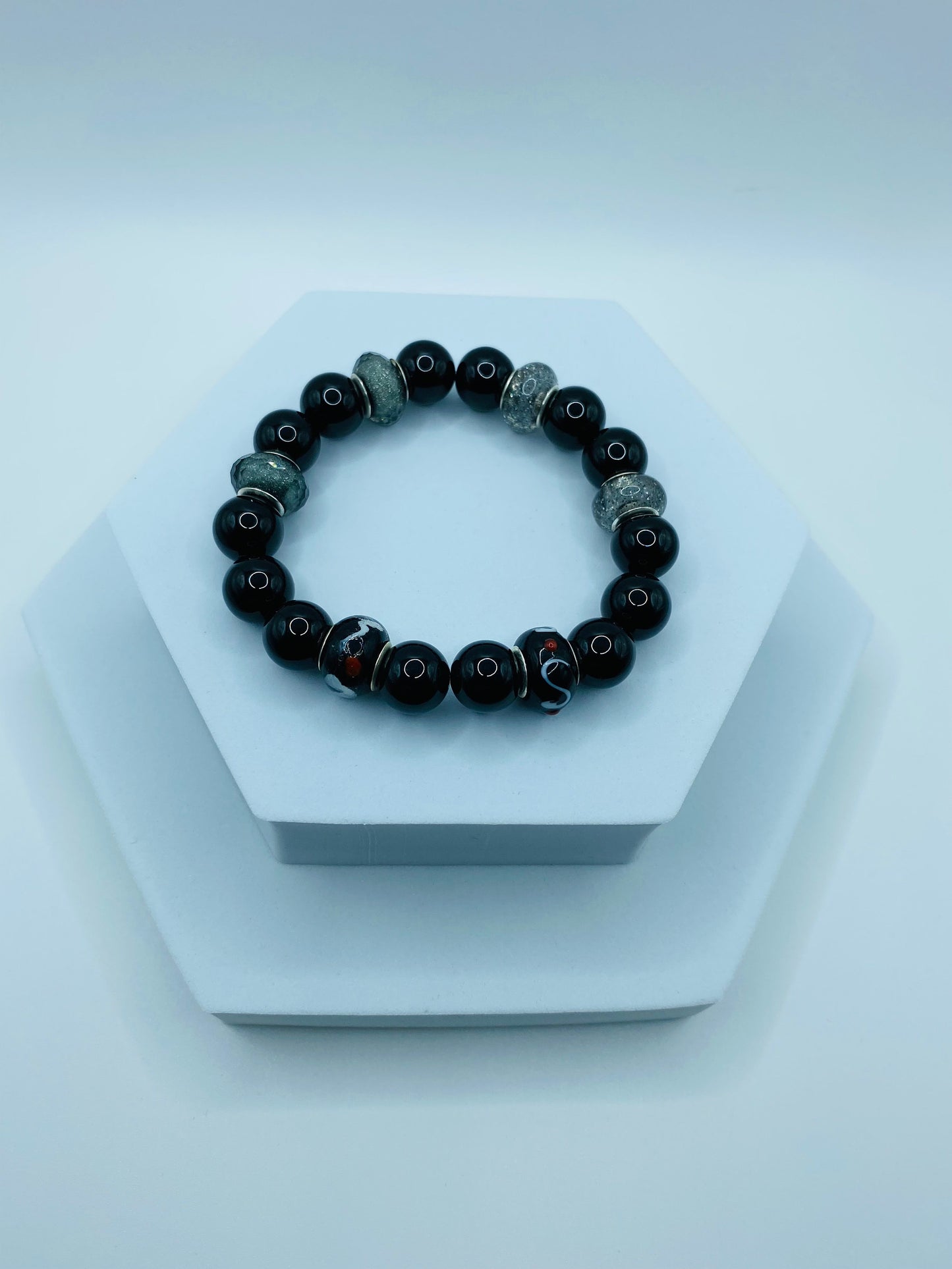 Black Onyx Bracelet: Murano Glass Beads, Chunky Gemstone Jewelry