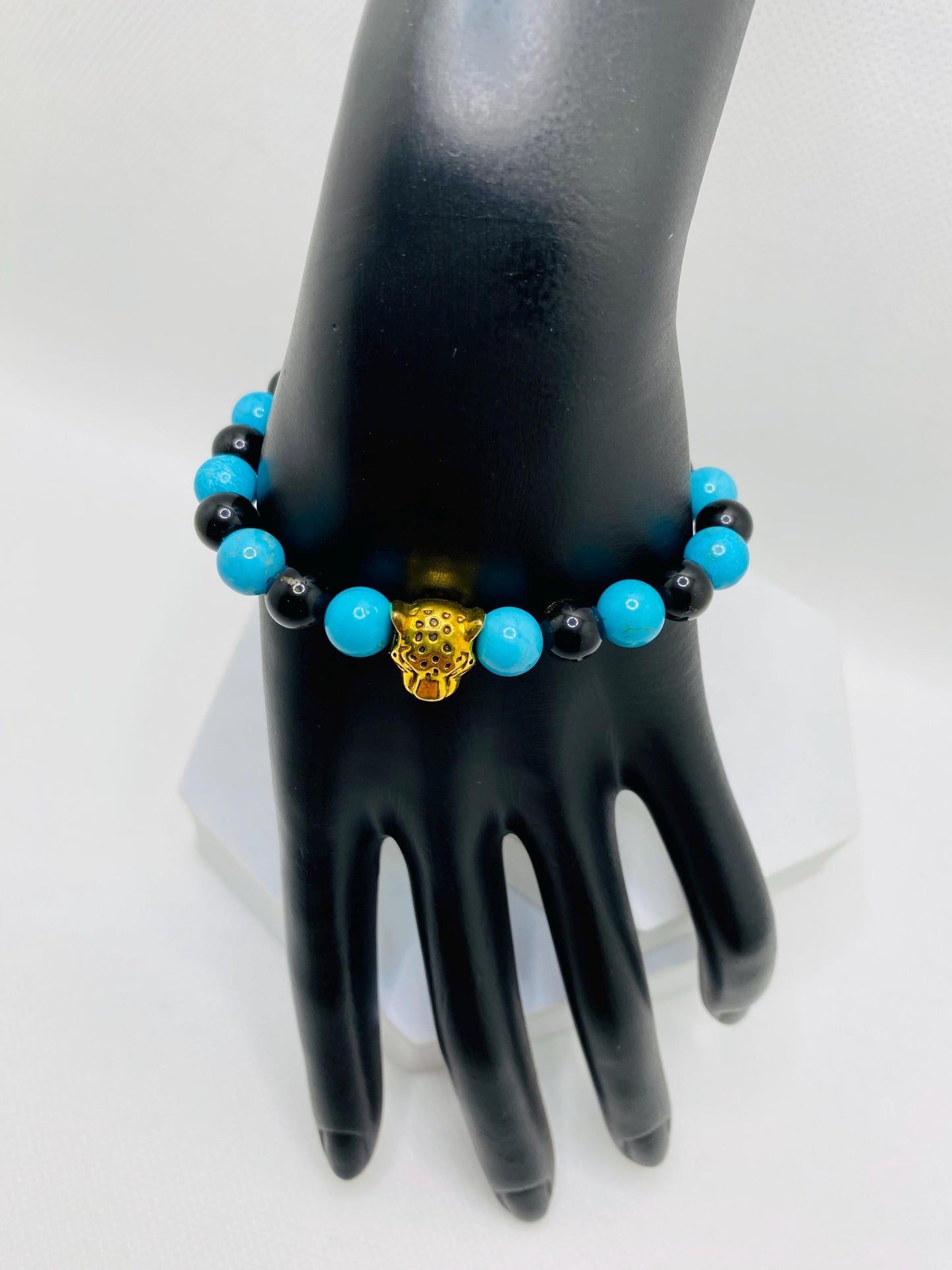 Jacksonville Jaguars Bracelet: Jade & Onyx Gemstone Beads with Gold Jaguar Charm