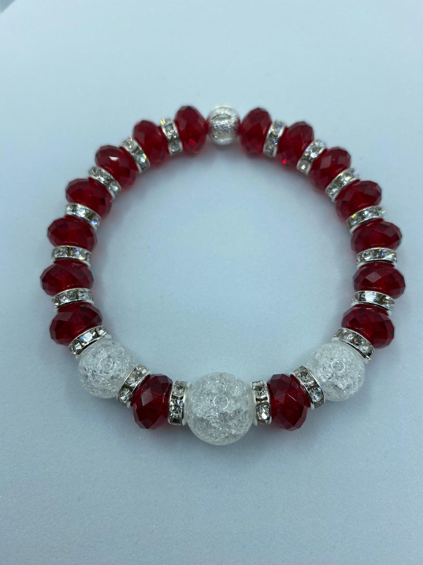 Red Crystal Glass Bracelet: Crackle Quartz Gemstone, Rhinestone Rondelles