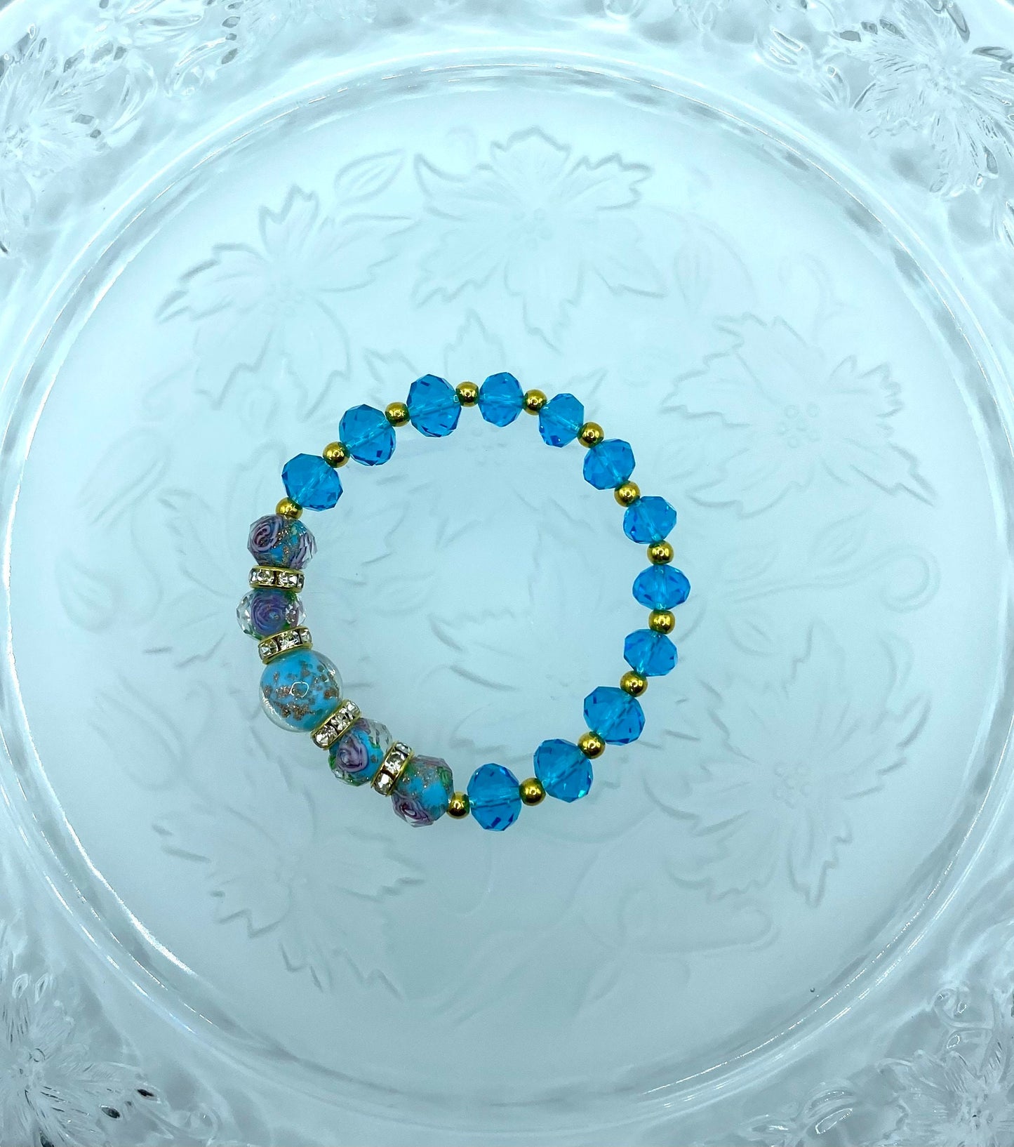 Lampwork Glass Bead Bracelet: Blue Topaz Crystal & 18K Gold Hematite
