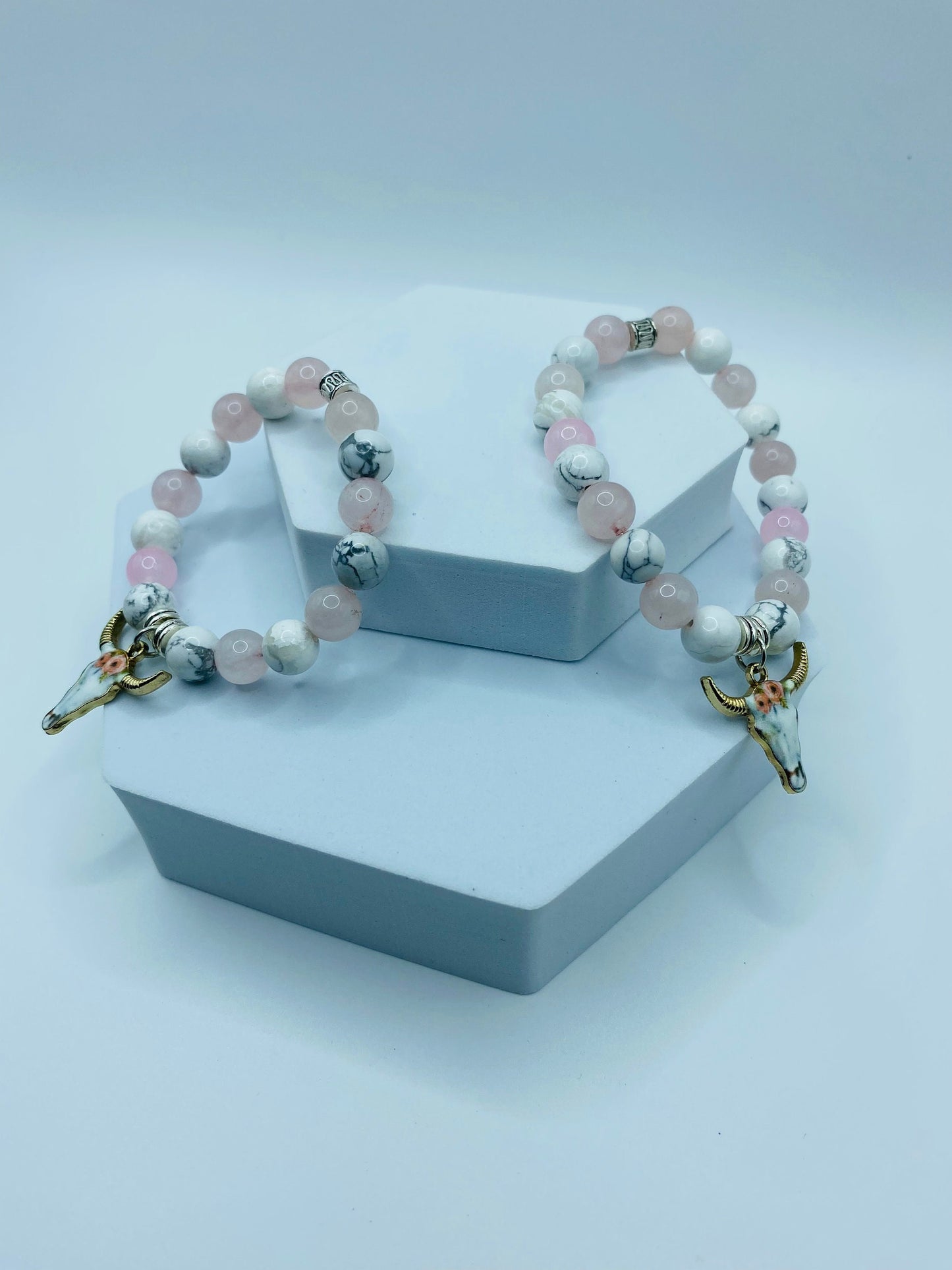 Mommy and Me Cow Charm Bracelet: Rose Quartz & Howlite Gemstone Beads