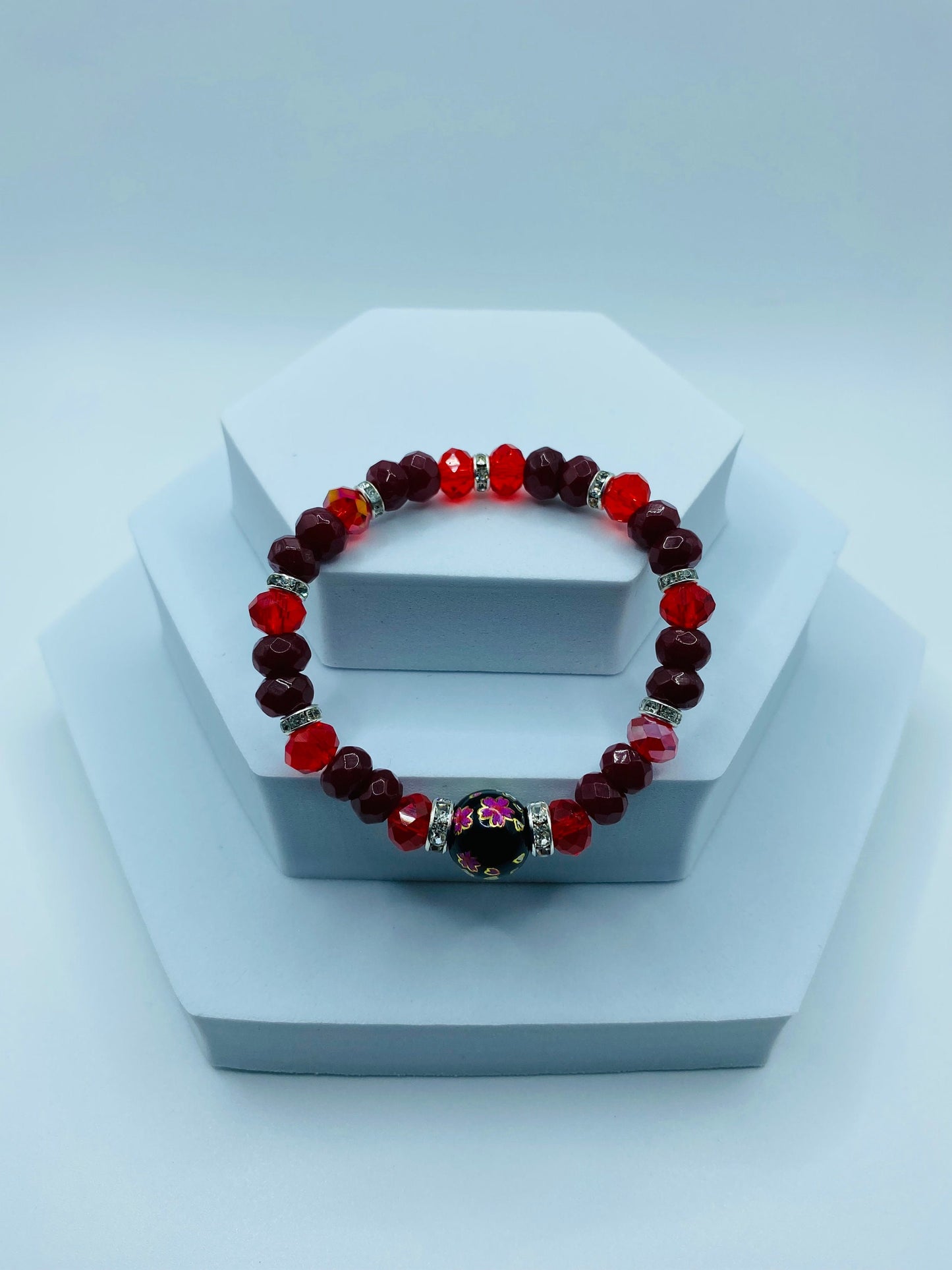 Red Jade & Crystal Beaded Bracelet with Floral Painted Glass Bead