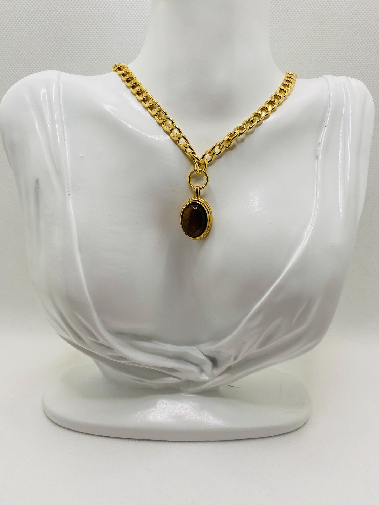 Gold Plated Tigers Eye Pendant Necklace: Cuban Link Chain