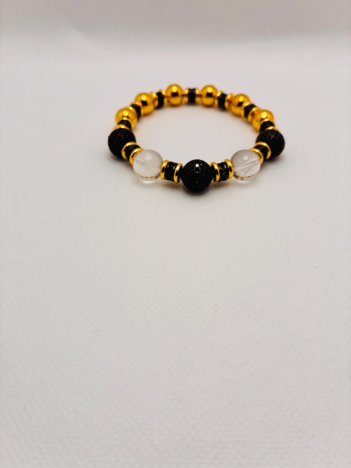 Gold Plated Hematite Bracelet: Clear Quartz & Black Zirconia Beads