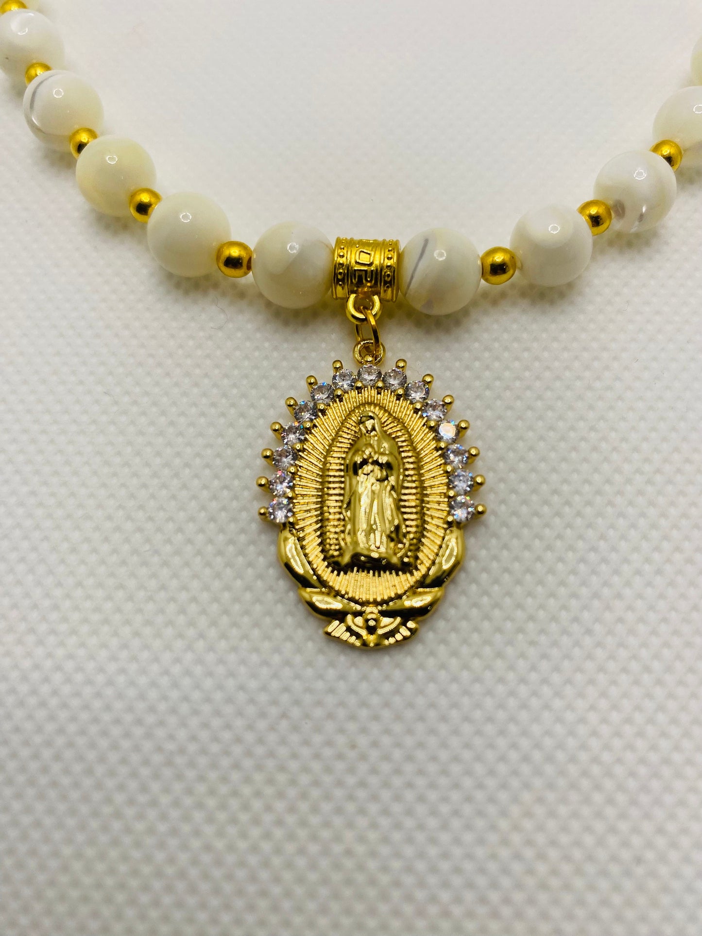 Mother of Pearl Necklace: Virgin Mary Pendant, Gold Stainless Steel