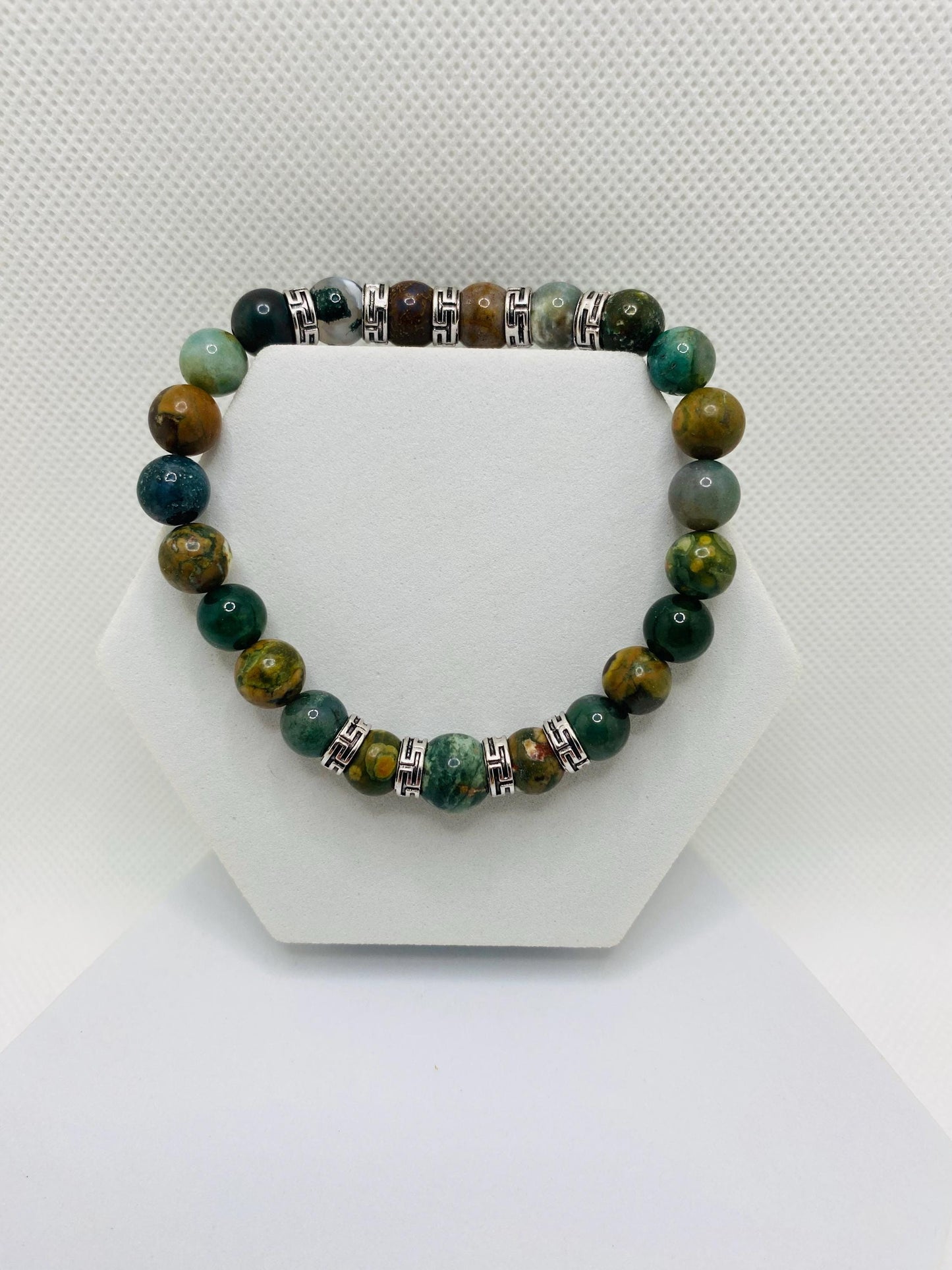 Handmade Indian Moss Agate Bracelet: Tibetan Silver Spacers