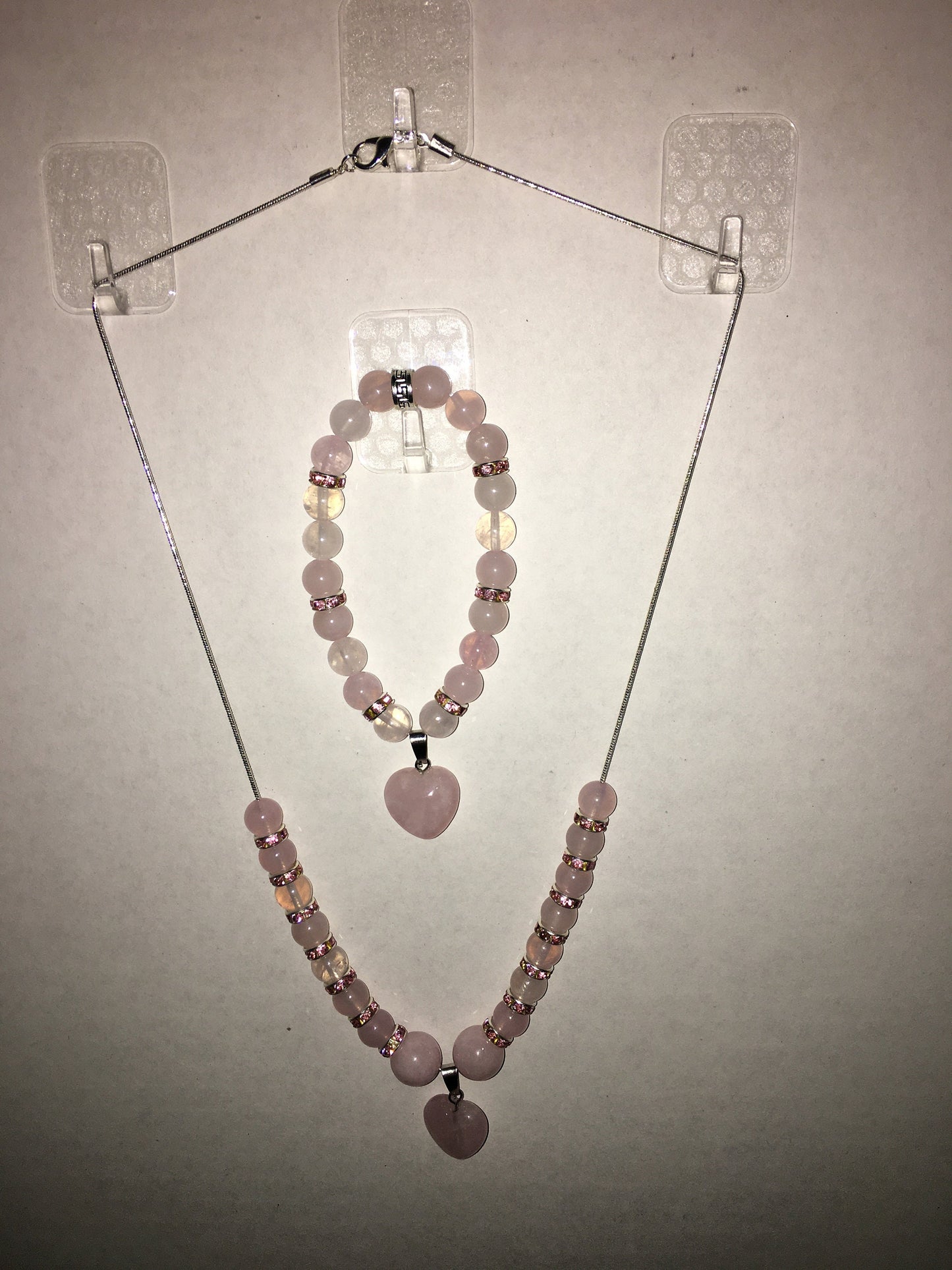 Rose Quartz Heart Necklace & Bracelet Set: Beaded Gemstone Jewelry