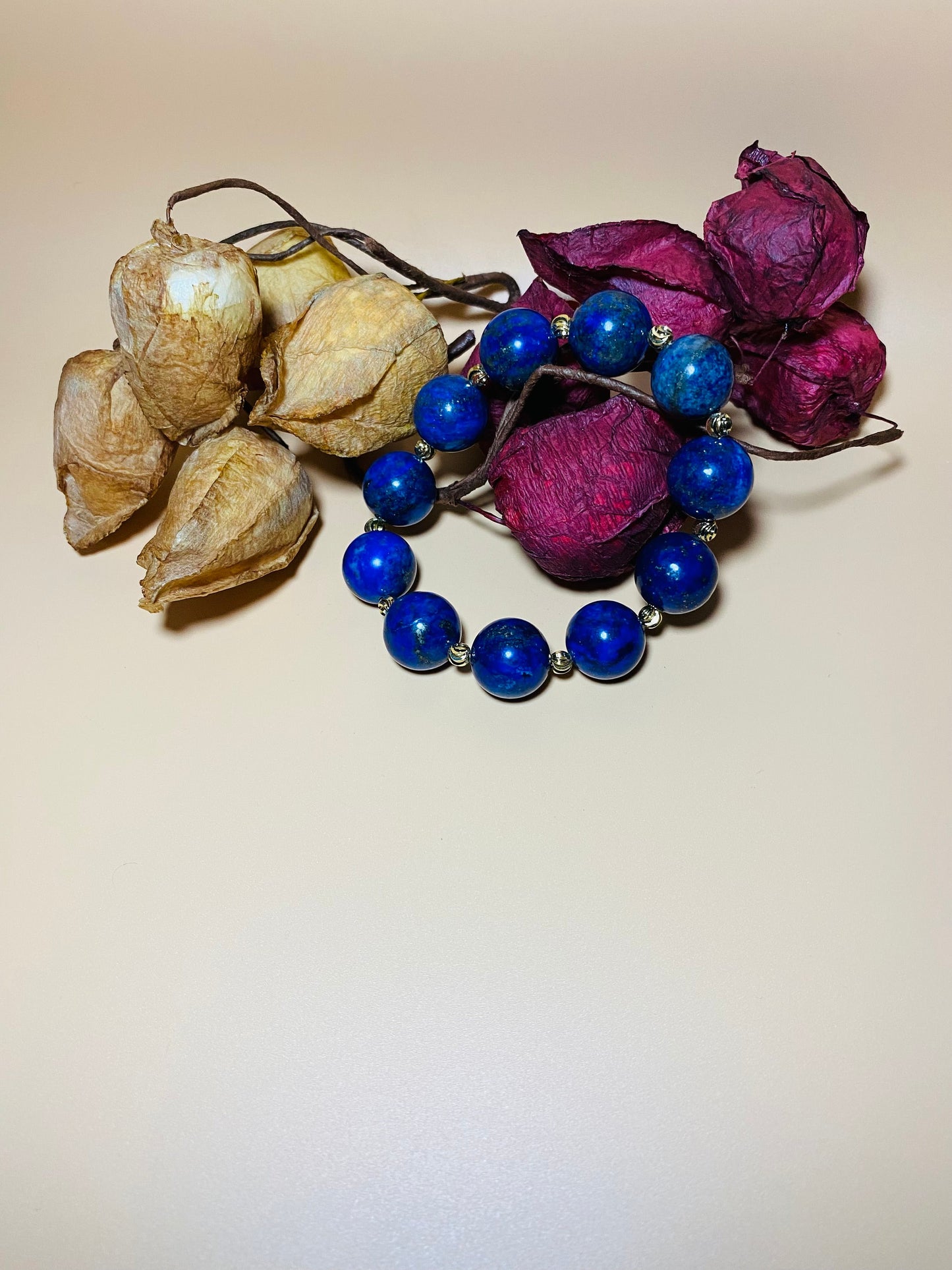 16mm Lapis Lazuli Bracelet with Gold Spacers