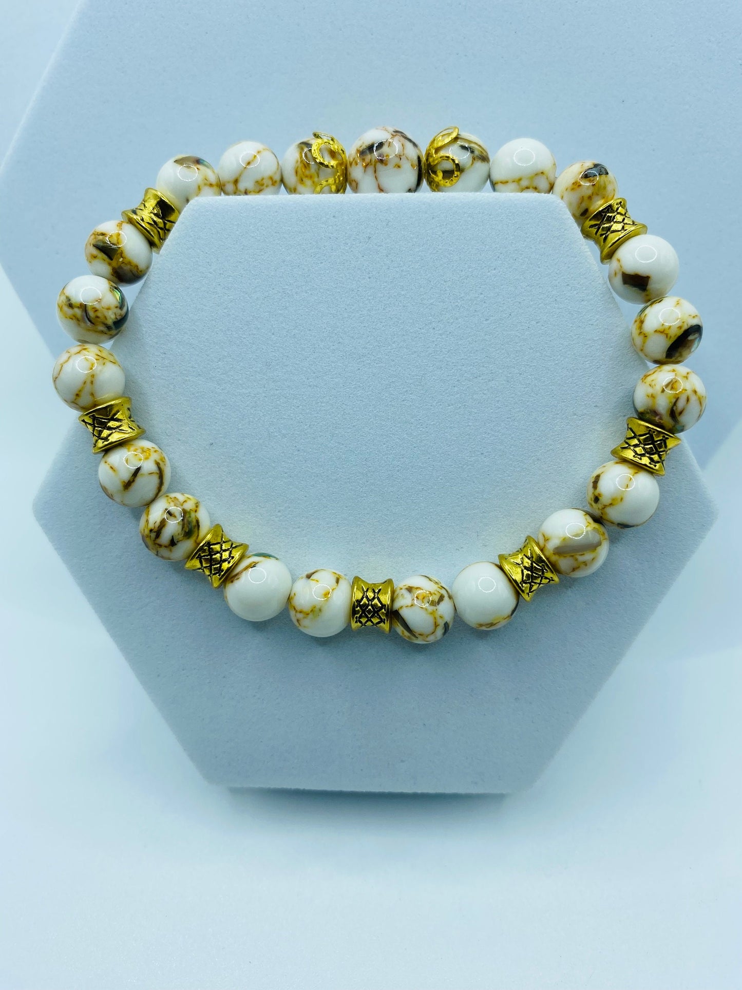 Handmade White Turquoise Bracelet: Tibetan Gold Spacers