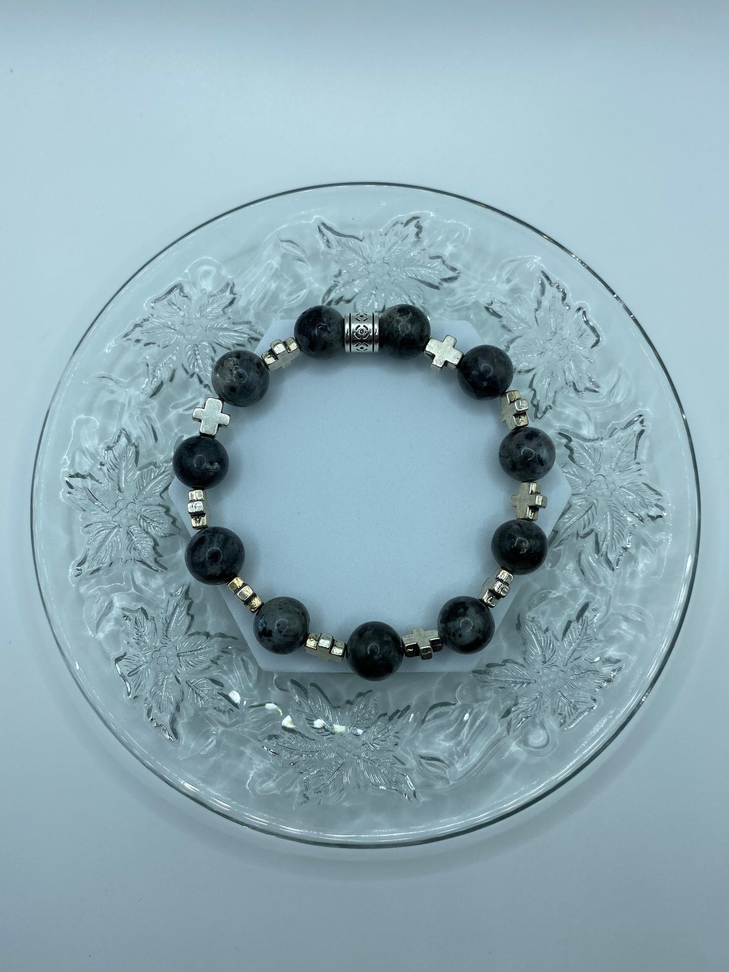 Mens Labradorite Beaded Bracelet with Silver Cross Charms