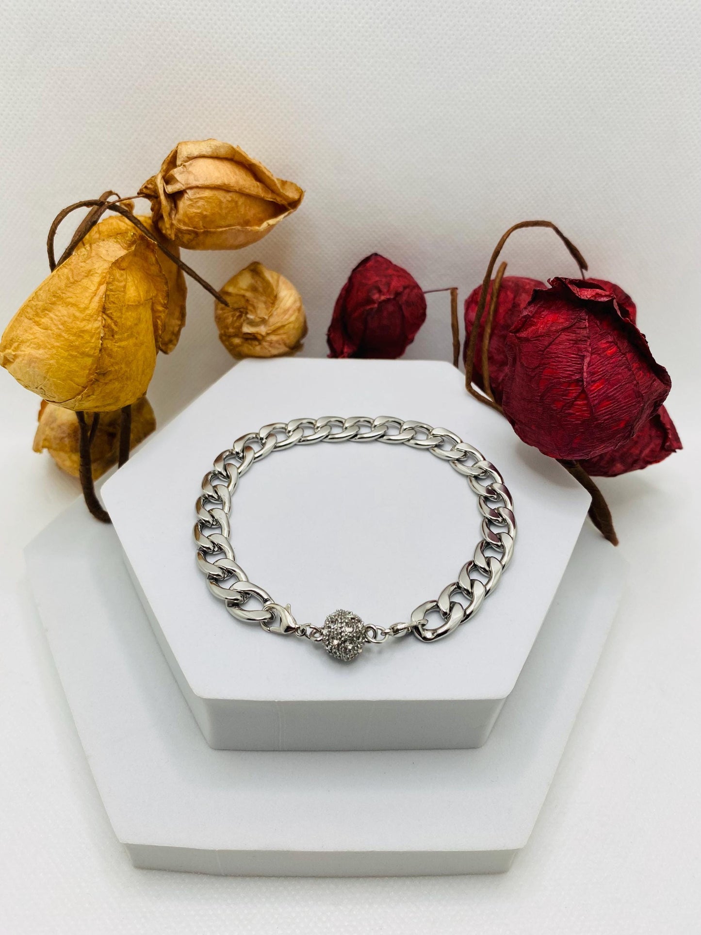 Silver Stainless Steel Cuban Link Bracelet: Unisex Magnetic Clasp