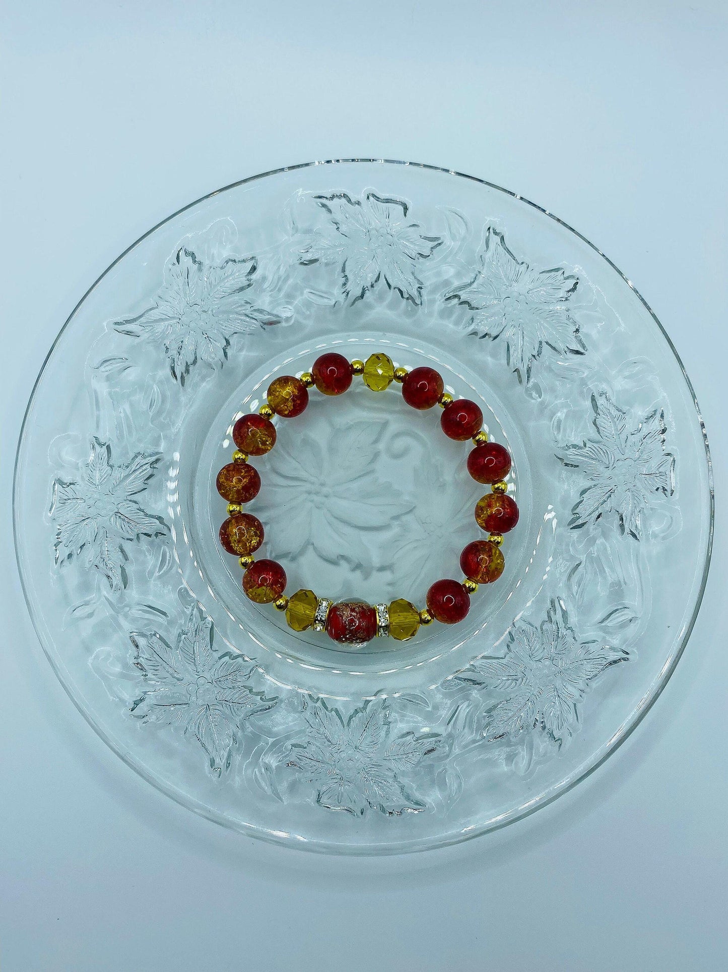 Red Lampwork Crystal Bracelet: Gold Hematite Bead Accents