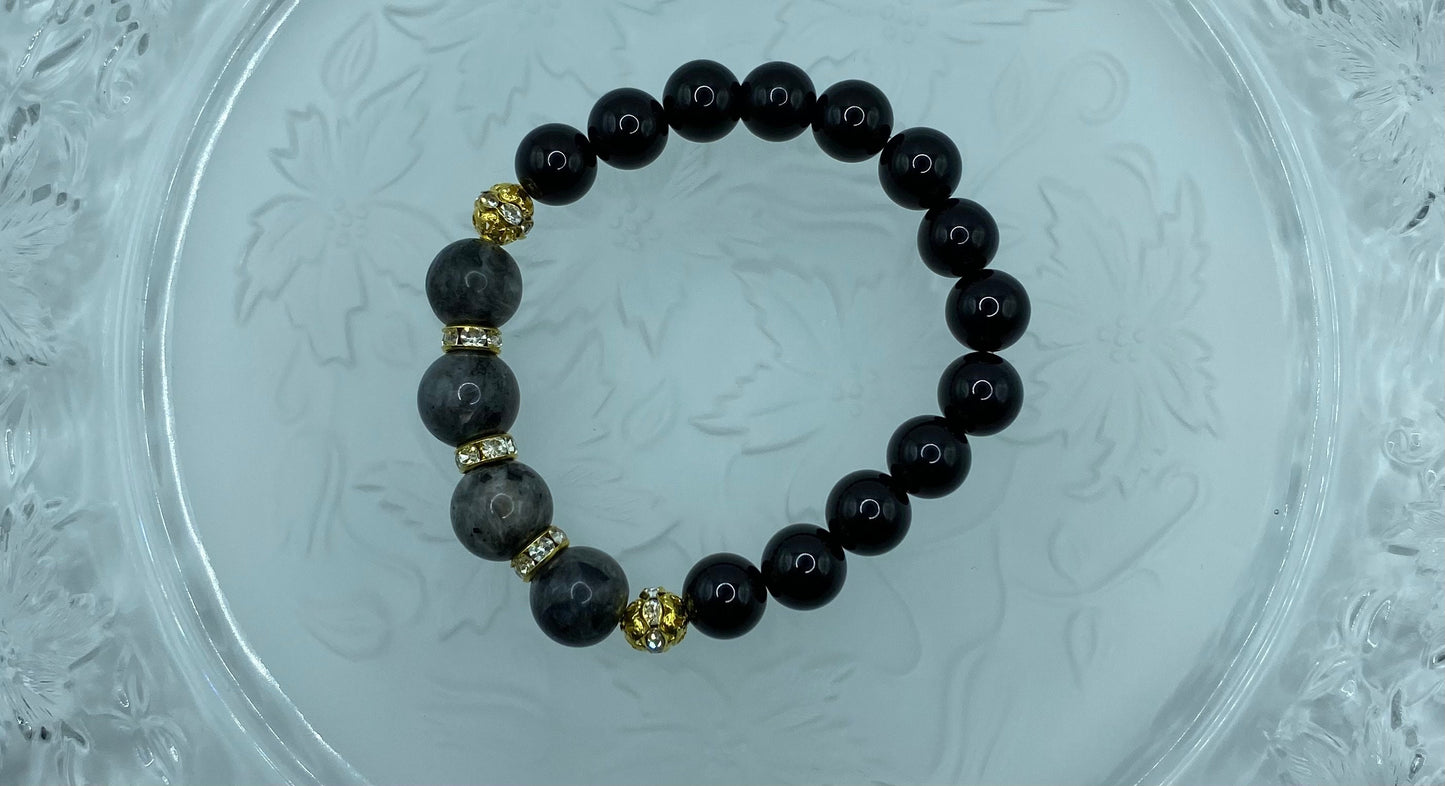 Labradorite & Black Onyx Beaded Bracelet: 18k Gold Rhinestone Rondelles