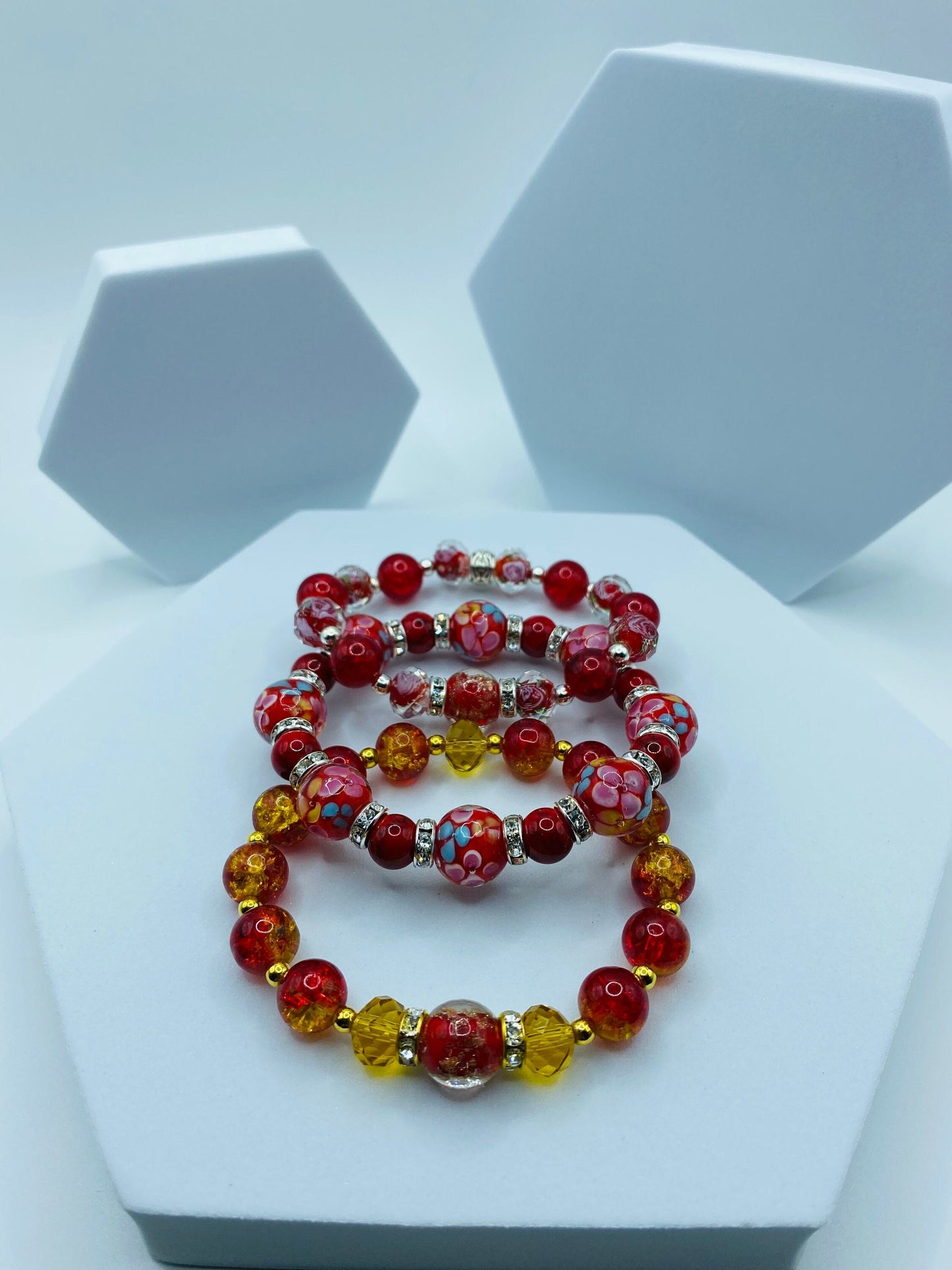 Red Lampwork Crystal Bracelet: Gold Hematite Bead Accents