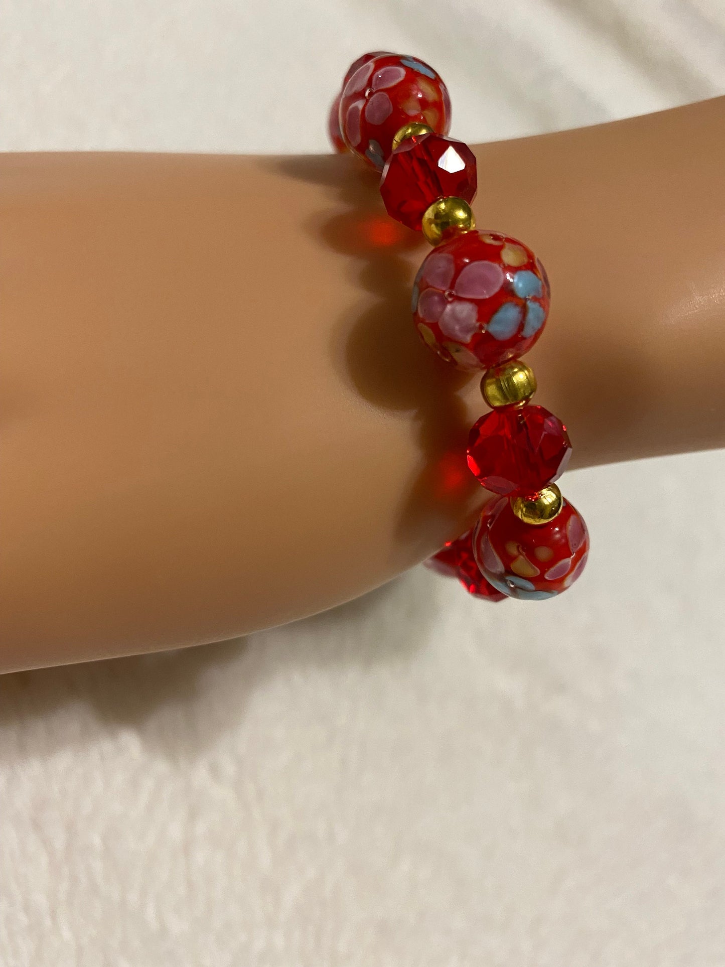 Red Floral Lampwork Glass Bead Bracelet: 18k Gold Hematite Accents