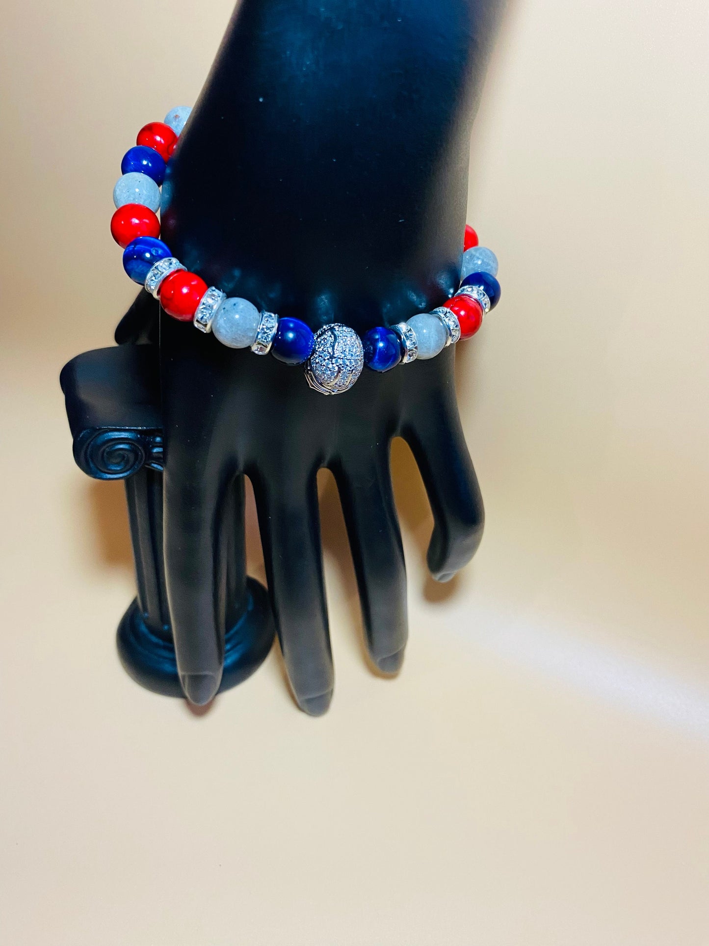 New England Patriots Bracelet: Gemstone Beads & CZ Helmet Charm