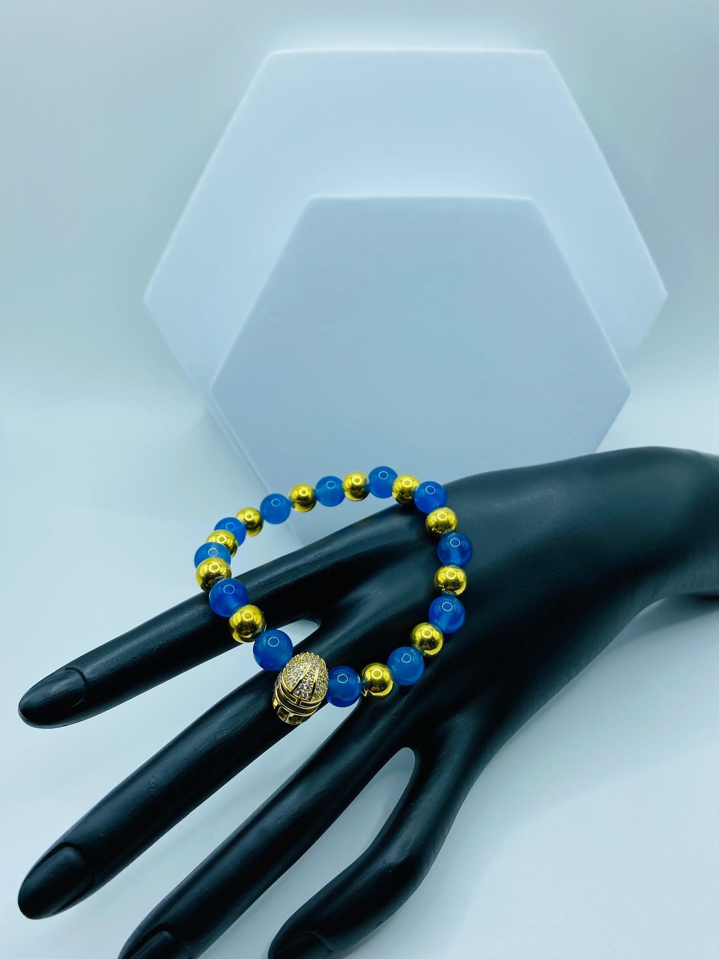 UCLA Football Bracelet: Blue Agate, Gold Helmet Charm