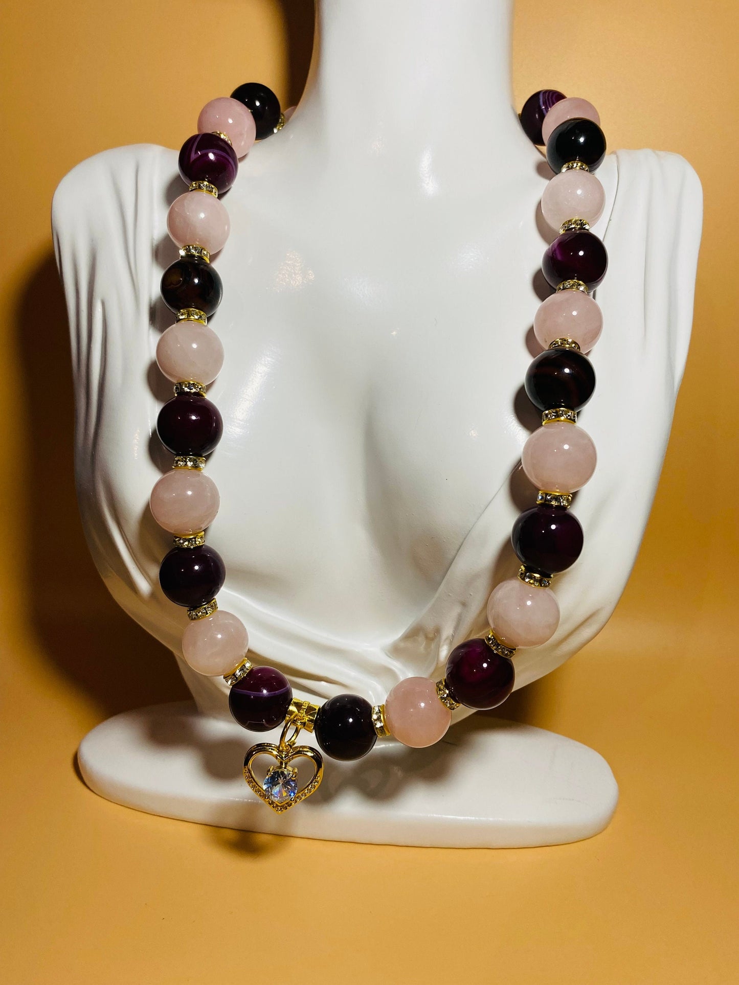 Handmade Rose Quartz Agate Beaded Necklace with Gold Heart Charm