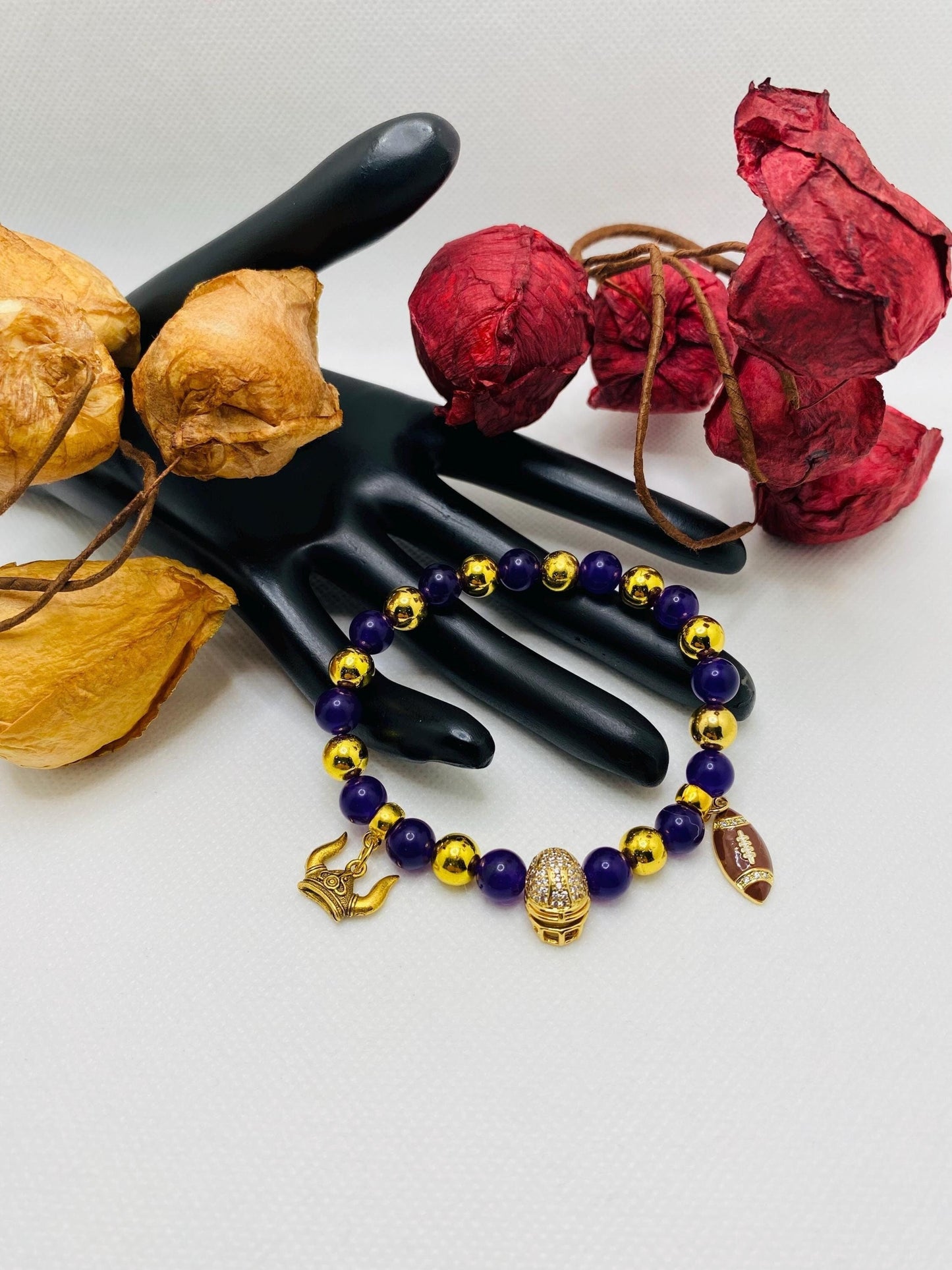 Minnesota Vikings Charm Bracelet: Purple Amethyst & Gold Football Helmet