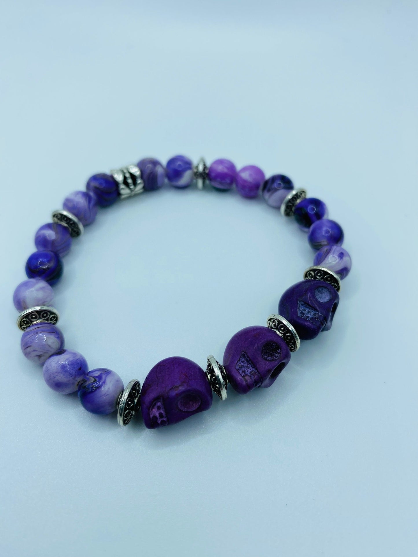 Purple Skull Charm Bracelet: Dia de Los Muertos Gemstone Jewelry