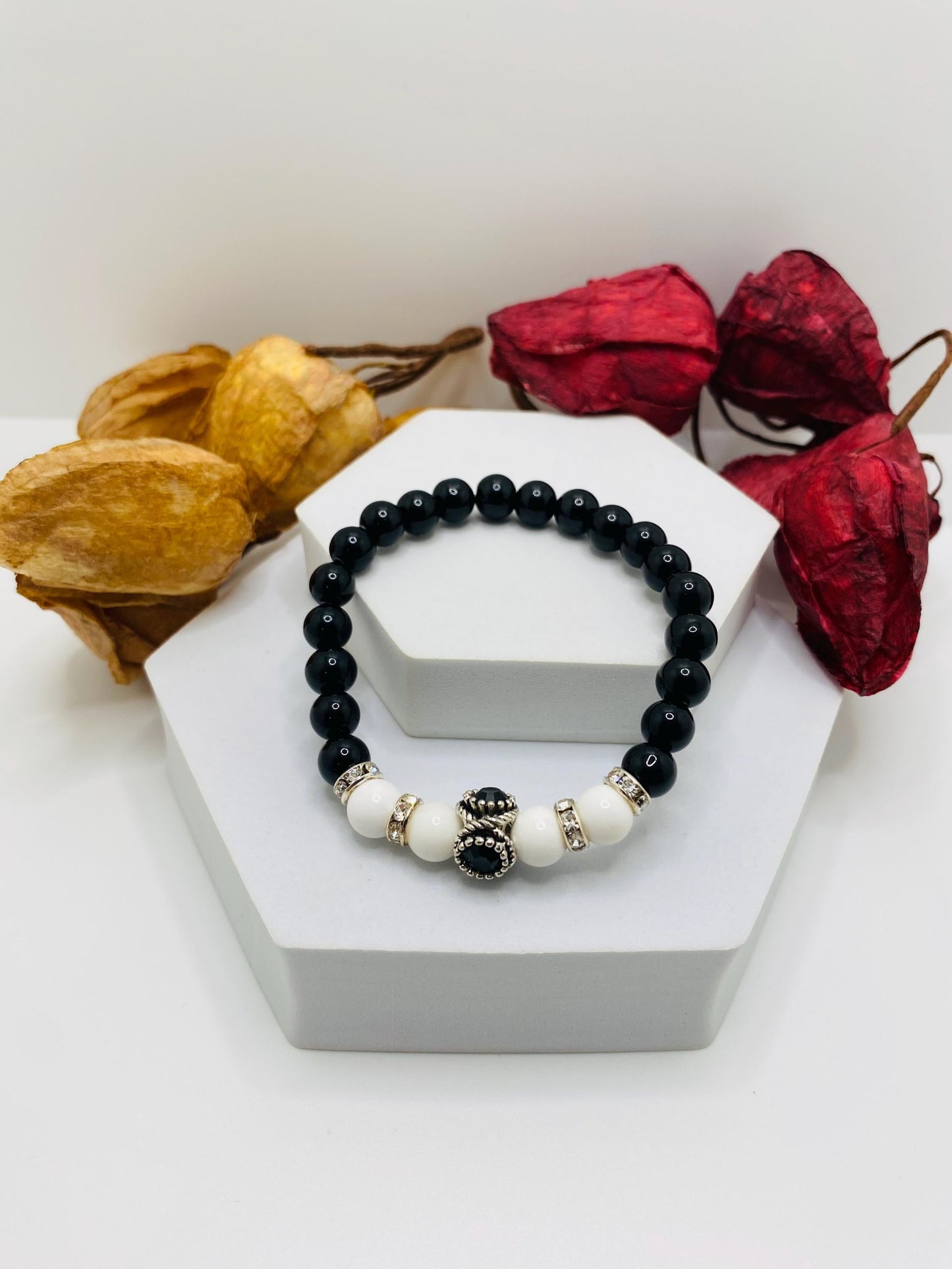 Black Onyx & White Agate Beaded Charm Bracelet - Rhinestone Accent